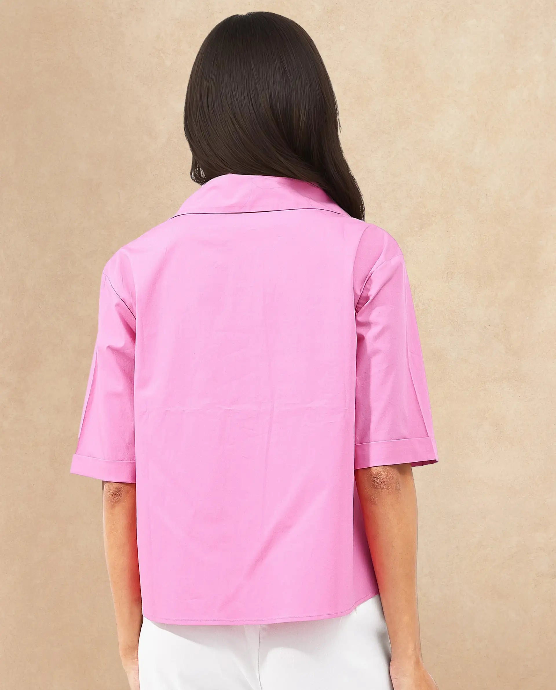 Rareism Women Toefil Pastel Pink Cotton Fabric Collared Neck Solid Regular Fit Shirt
