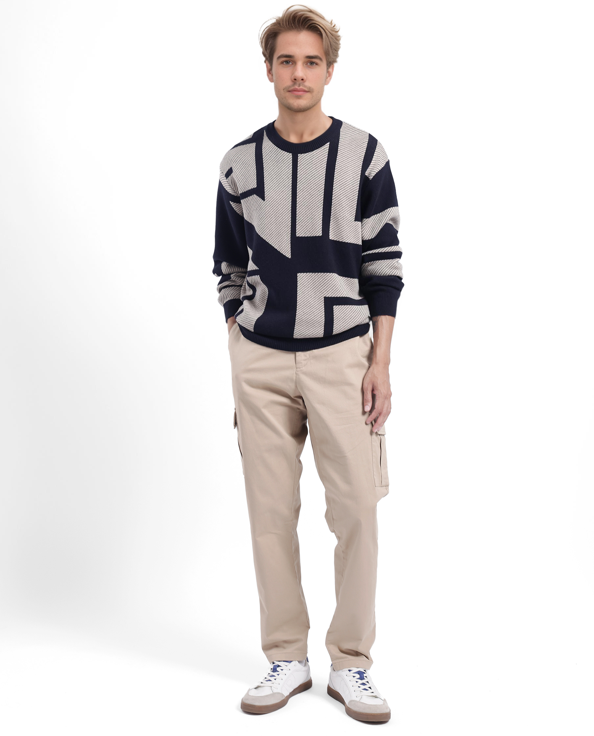 Rare Rabbit Men's Toge Navy Cotton Fabric Full Sleeve Crew Neck Monogram Print Sweater