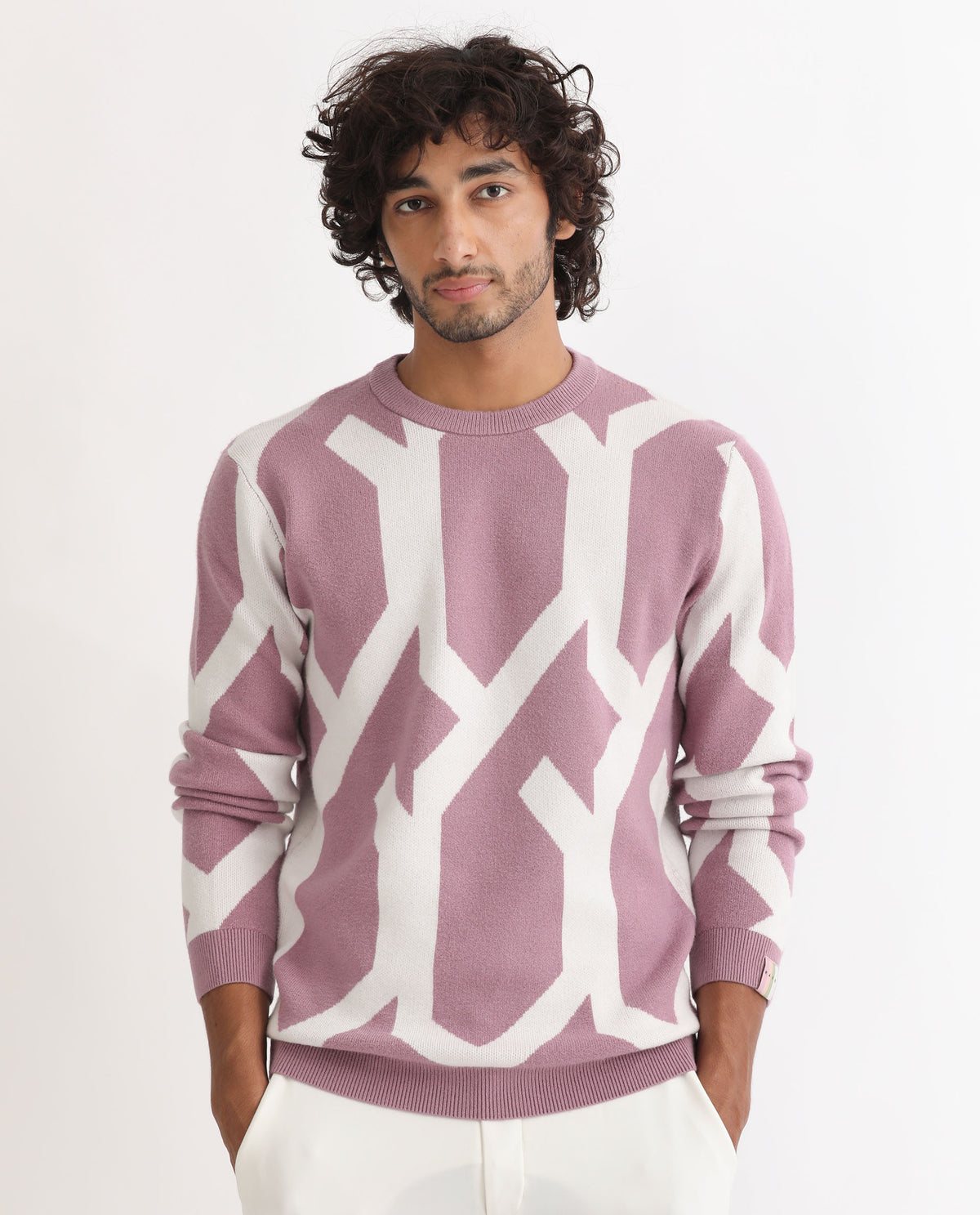 Rare Rabbit Mens Togepi Pink Sweater Viscose Polyester Nylon Fabric Crew Neck Knitted Full Sleeves Comfortable Fit
