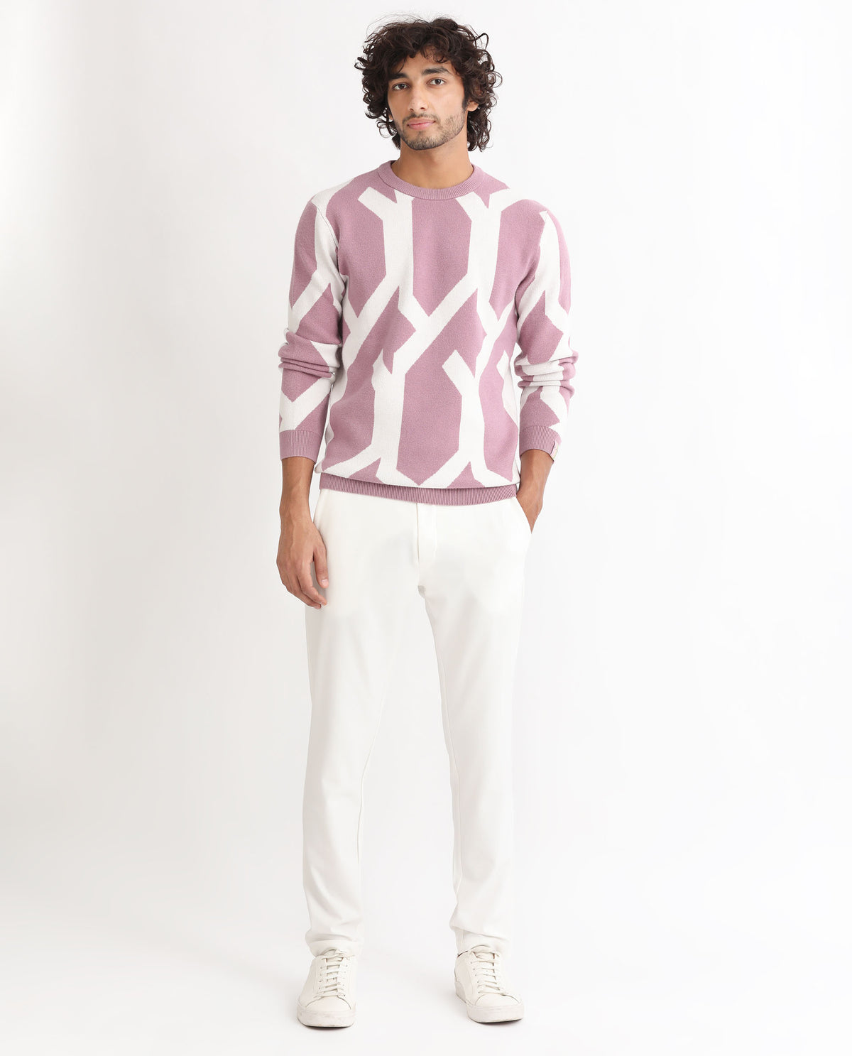 Rare Rabbit Mens Togepi Pink Sweater Viscose Polyester Nylon Fabric Crew Neck Knitted Full Sleeves Comfortable Fit