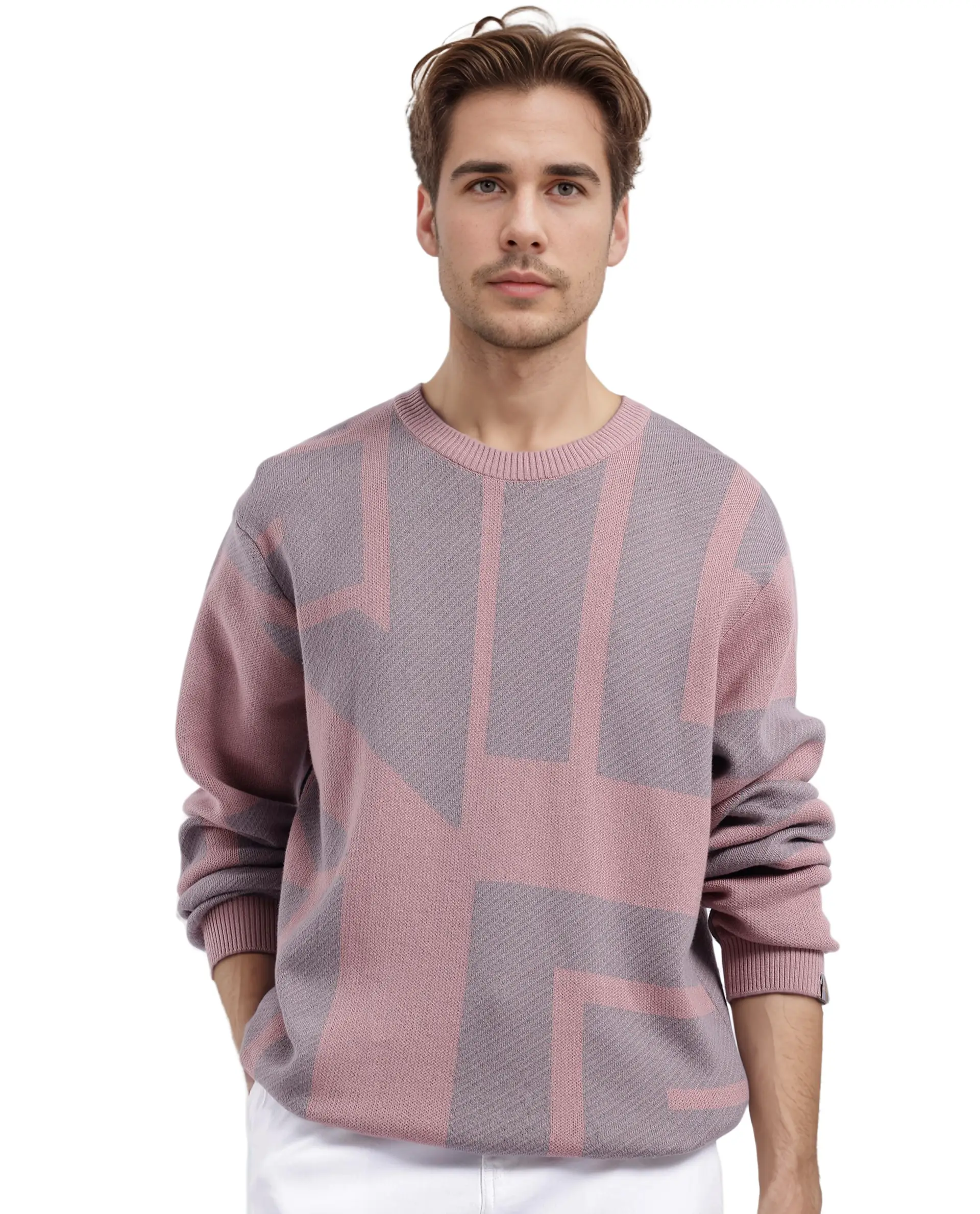 Rare Rabbit Men's Toge Pink Cotton Fabric Full Sleeve Crew Neck Monogram Print Sweater