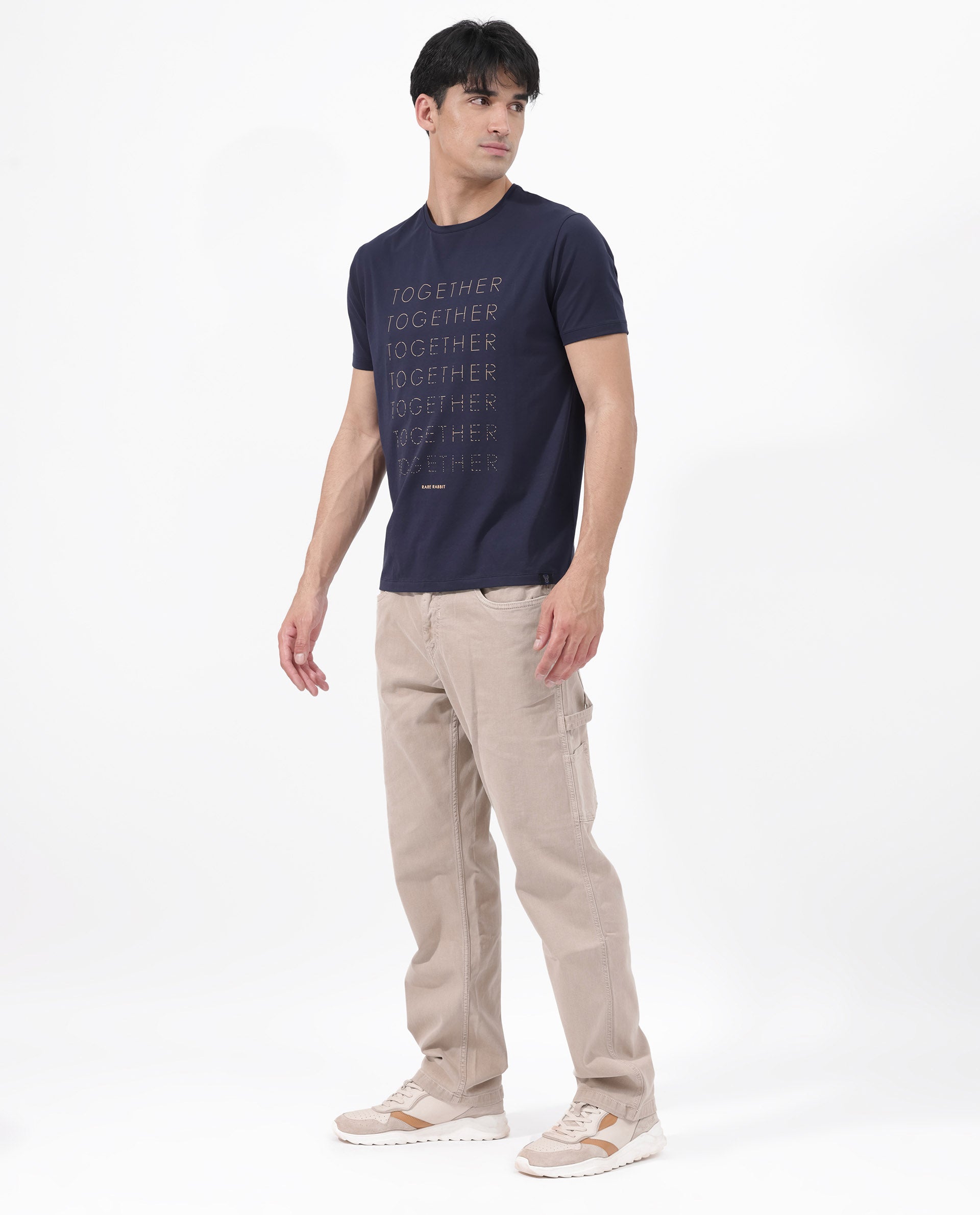 Rare Rabbit Articale Men's Together-1 Navy Crew Neck Relaxed Fit Knit Typography Print T-Shirt