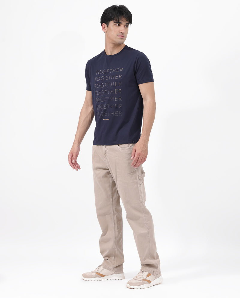 Rare Rabbit Articale Men's Together-1 Navy Crew Neck Relaxed Fit Knit Typography Print T-Shirt