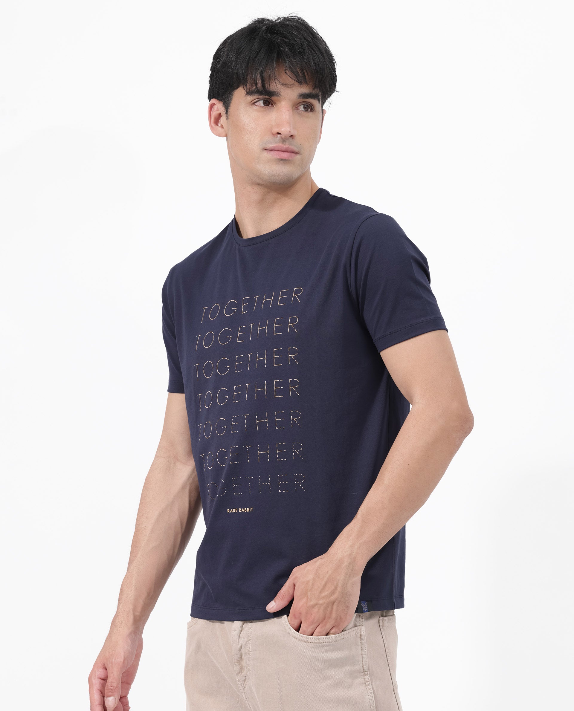 Rare Rabbit Articale Men's Together-1 Navy Crew Neck Relaxed Fit Knit Typography Print T-Shirt
