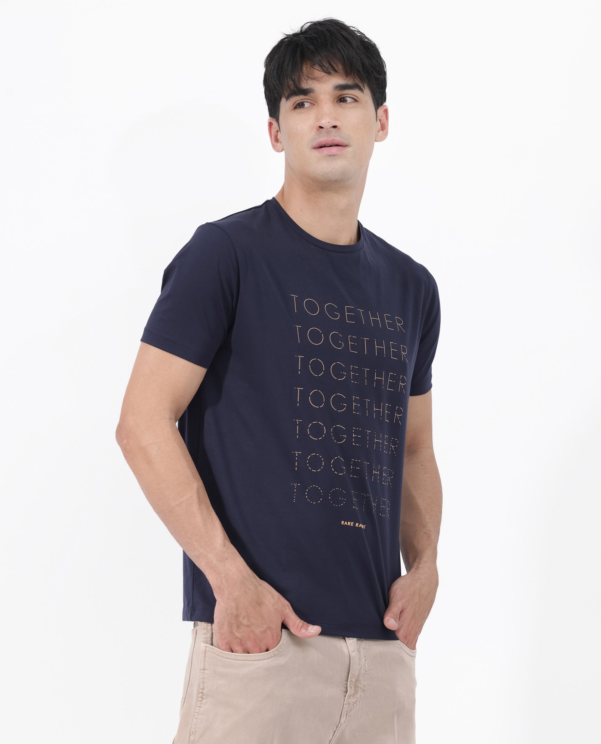 Rare Rabbit Articale Men's Together-1 Navy Crew Neck Relaxed Fit Knit Typography Print T-Shirt