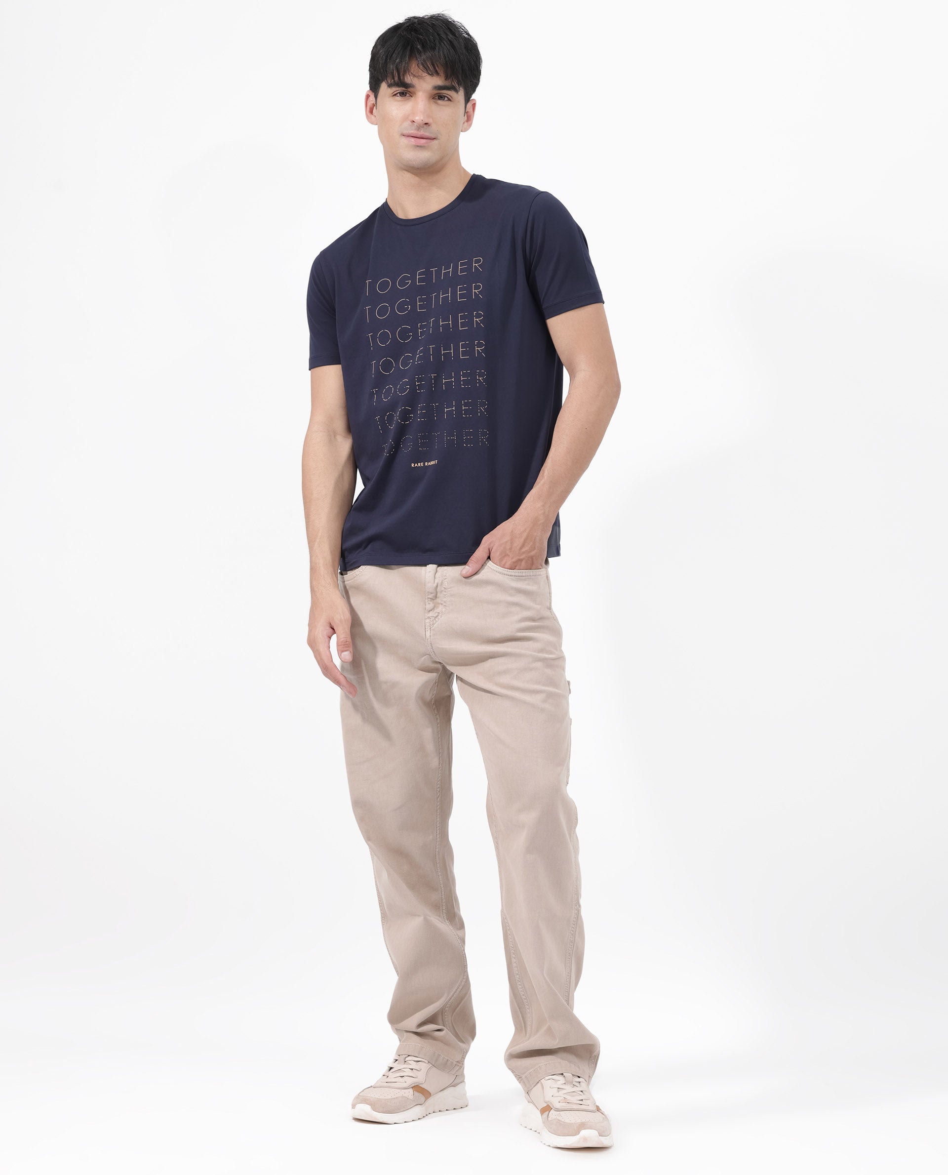 Rare Rabbit Articale Men's Together-1 Navy Crew Neck Relaxed Fit Knit Typography Print T-Shirt