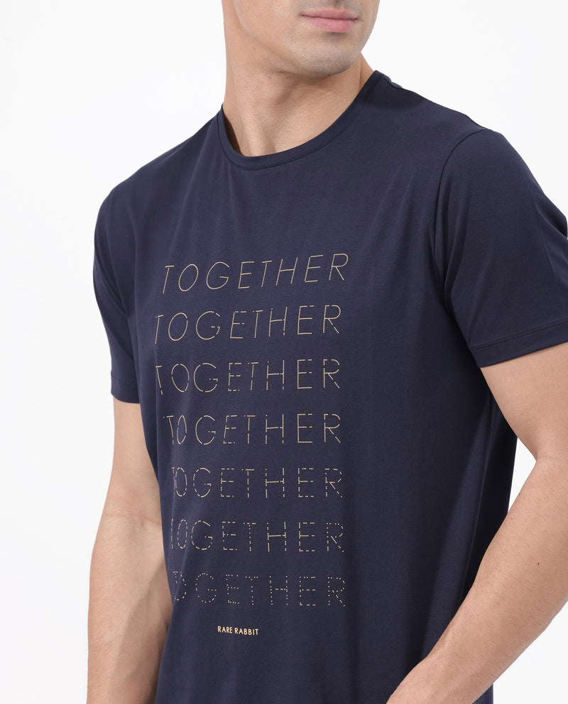 Rare Rabbit Articale Men's Together-1 Navy Crew Neck Relaxed Fit Knit Typography Print T-Shirt