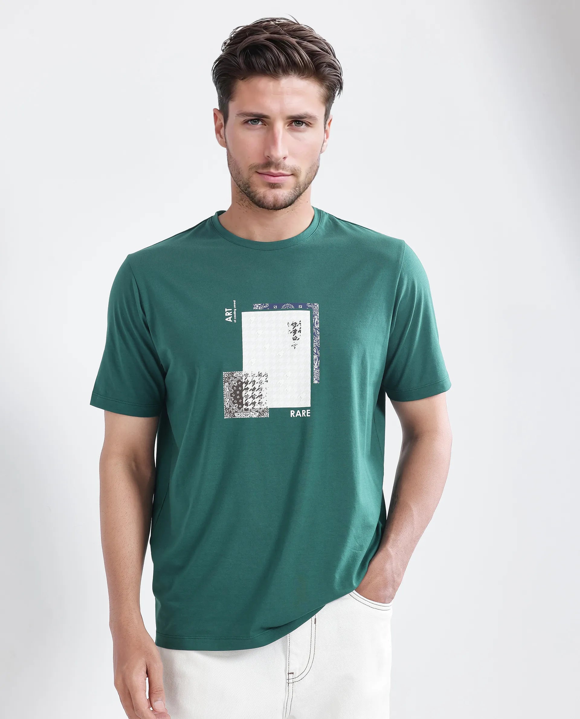 Rare Rabbit Men's Toid Dark Green Cotton Blend Fabric Half Sleeve Crew Neck Regular Fit Graphic Print T-Shirt