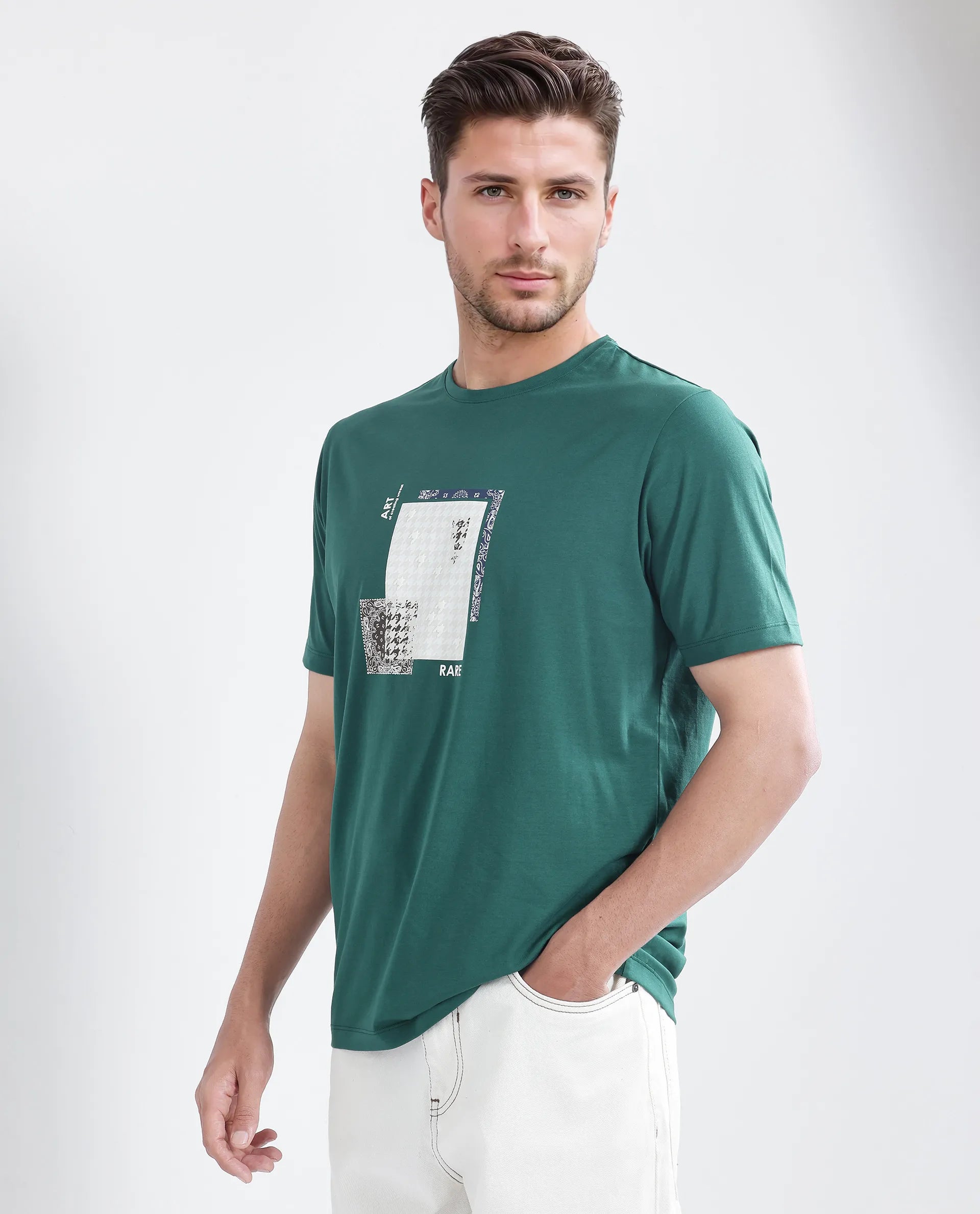 Rare Rabbit Men's Toid Dark Green Cotton Blend Fabric Half Sleeve Crew Neck Regular Fit Graphic Print T-Shirt