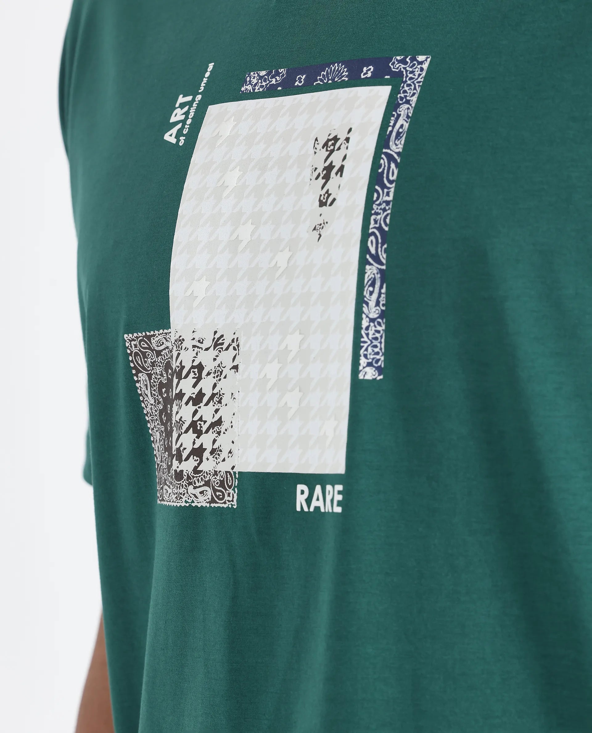 Rare Rabbit Men's Toid Dark Green Cotton Blend Fabric Half Sleeve Crew Neck Regular Fit Graphic Print T-Shirt