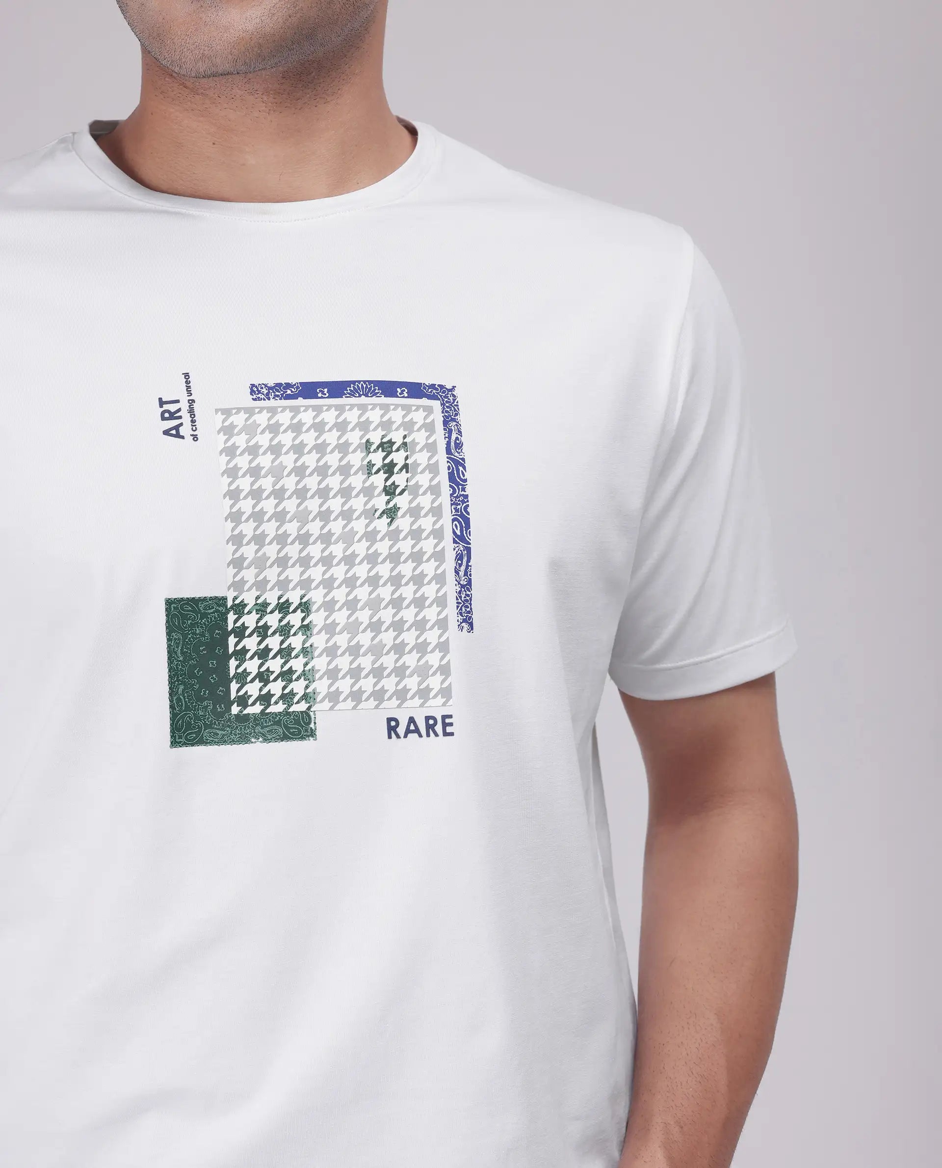 Rare Rabbit Men's Toid White Cotton Blend Fabric Half Sleeve Crew Neck Regular Fit Graphic Print T-Shirt