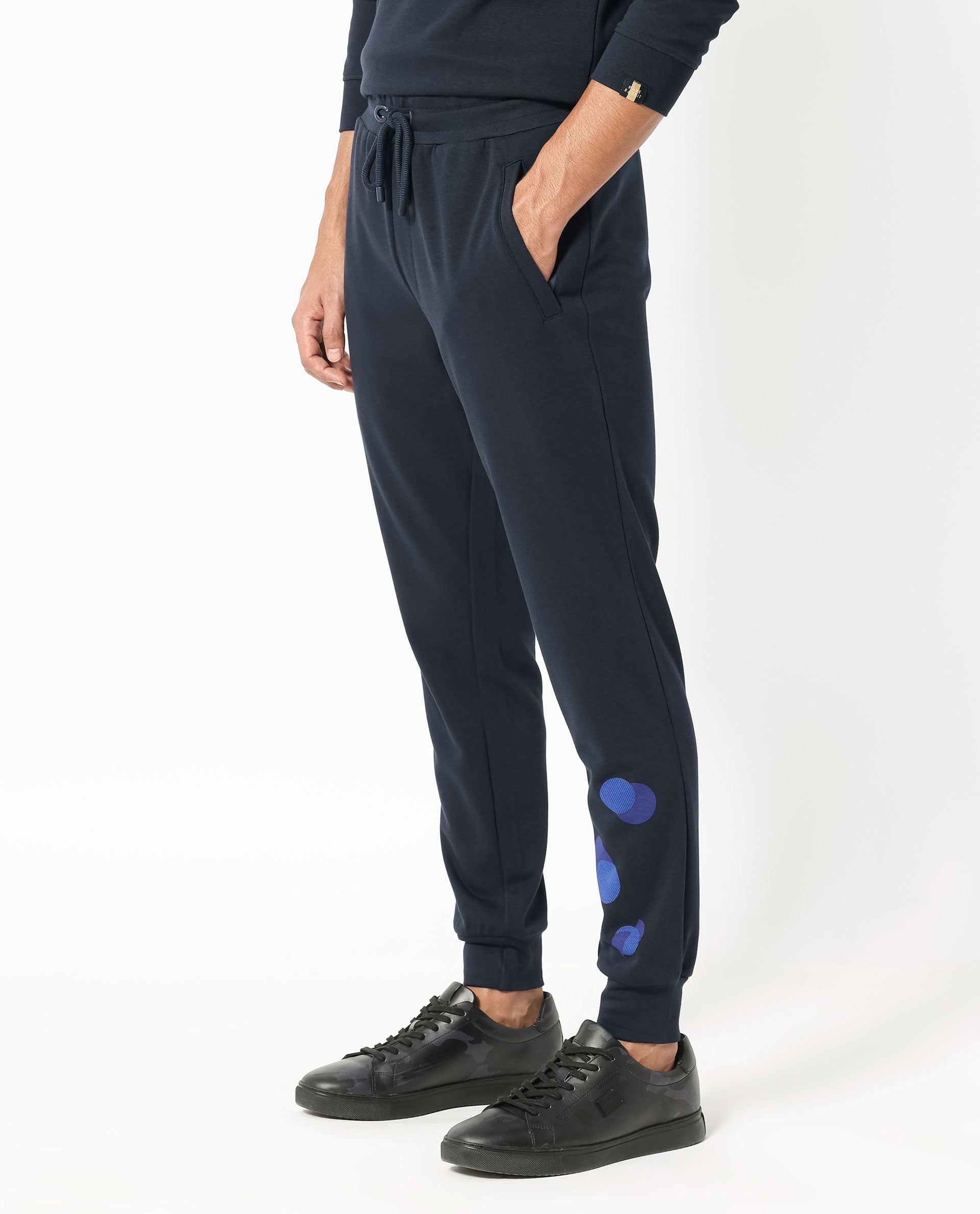 Rare Rabbit Mens Toka Navy Cotton Polyester Fabric Drawstring Closure Regular Fit Mid Rise Trackpant