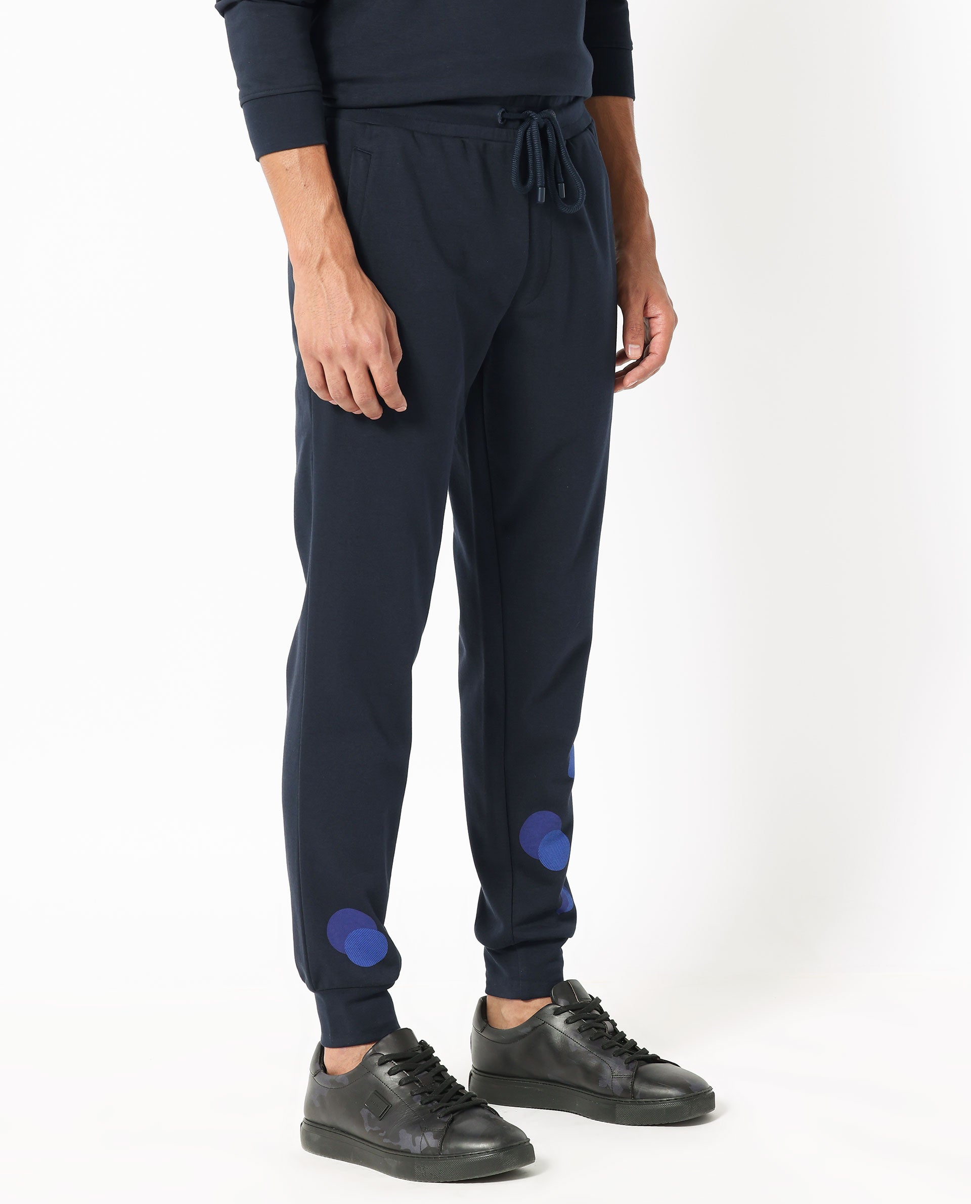 Rare Rabbit Mens Toka Navy Cotton Polyester Fabric Drawstring Closure Regular Fit Mid Rise Trackpant