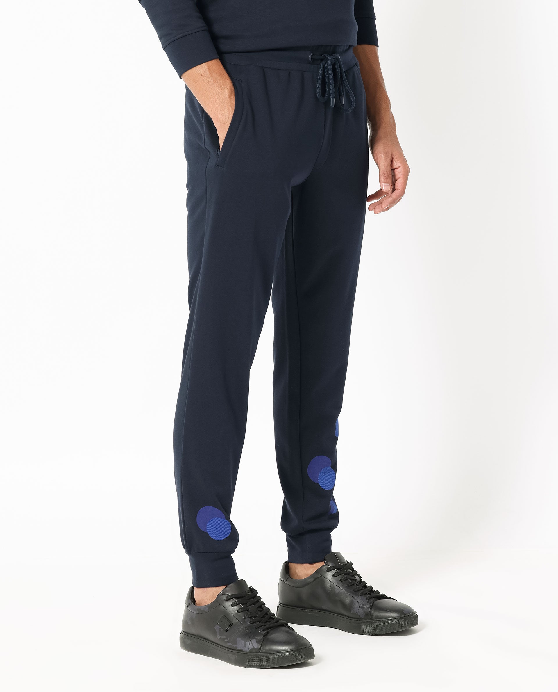 Rare Rabbit Mens Toka Navy Cotton Polyester Fabric Drawstring Closure Regular Fit Mid Rise Trackpant