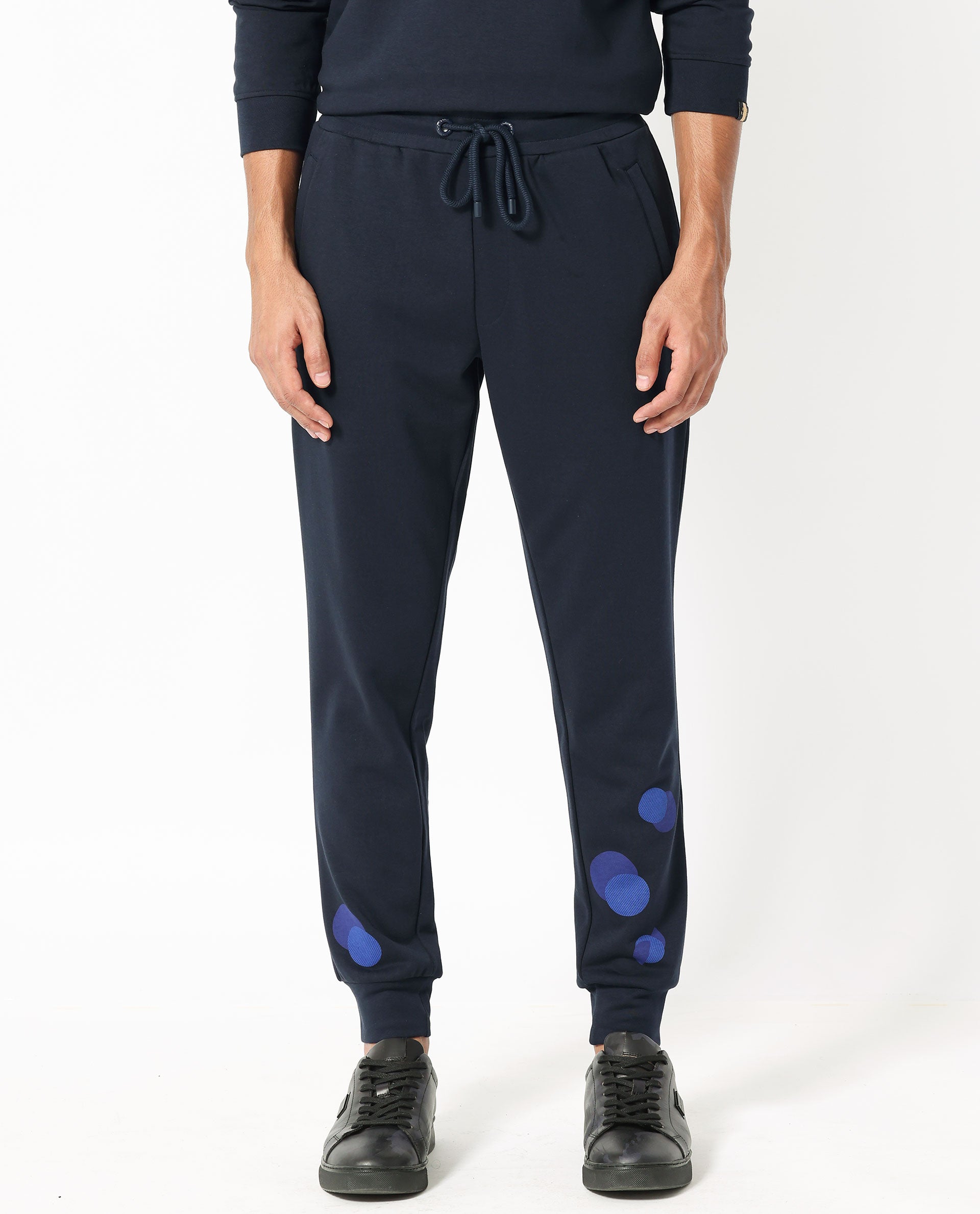 Rare Rabbit Mens Toka Navy Cotton Polyester Fabric Drawstring Closure Regular Fit Mid Rise Trackpant