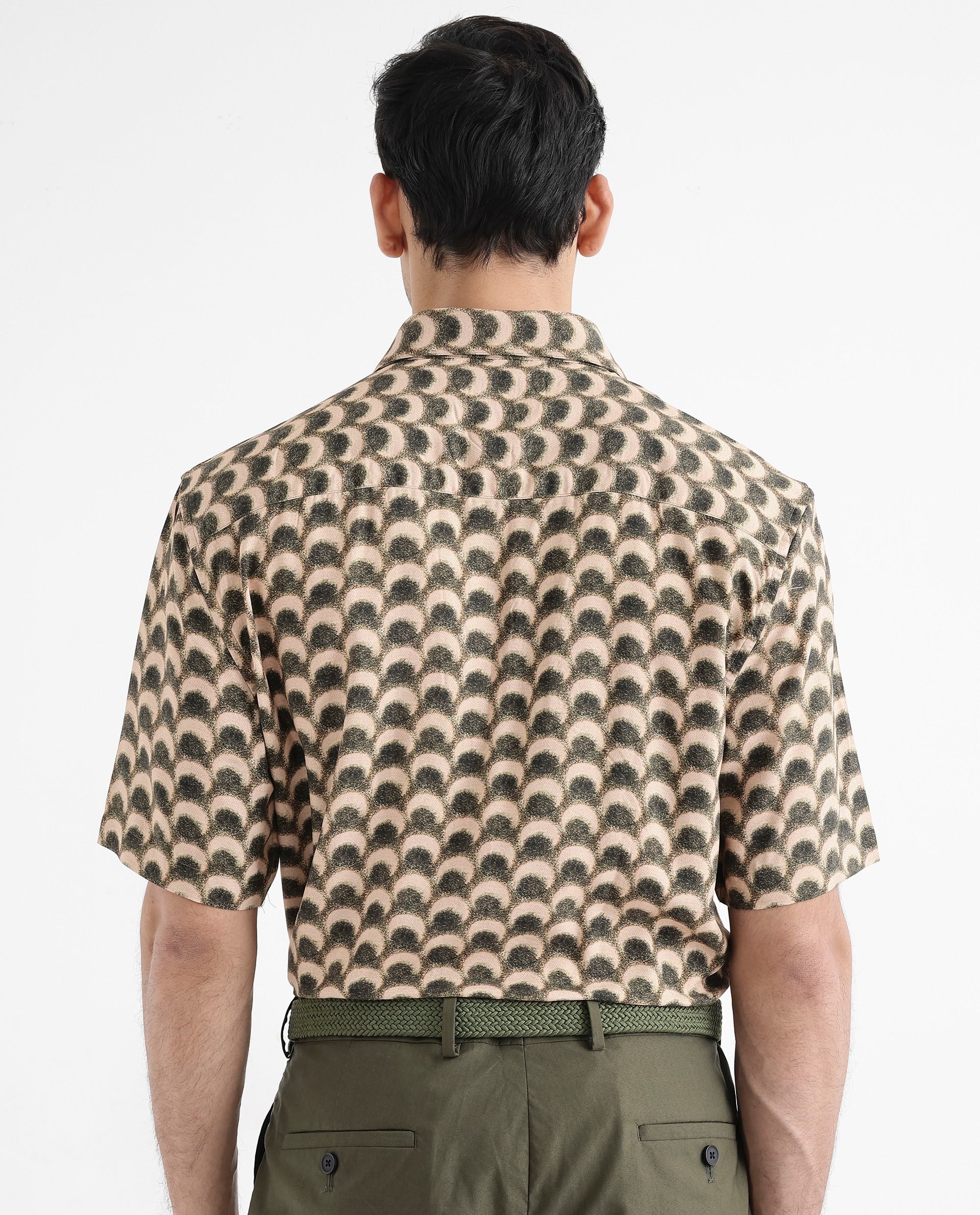 Rare Rabbit Men's Tokai Brown Viscose Fabric Short Sleeves Regular Fit Geometric Print Shirt