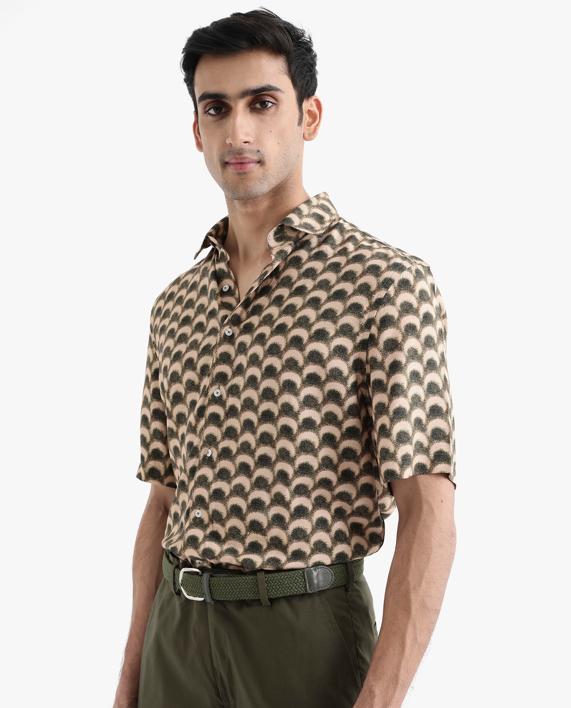 Rare Rabbit Men's Tokai Brown Viscose Fabric Short Sleeves Regular Fit Geometric Print Shirt