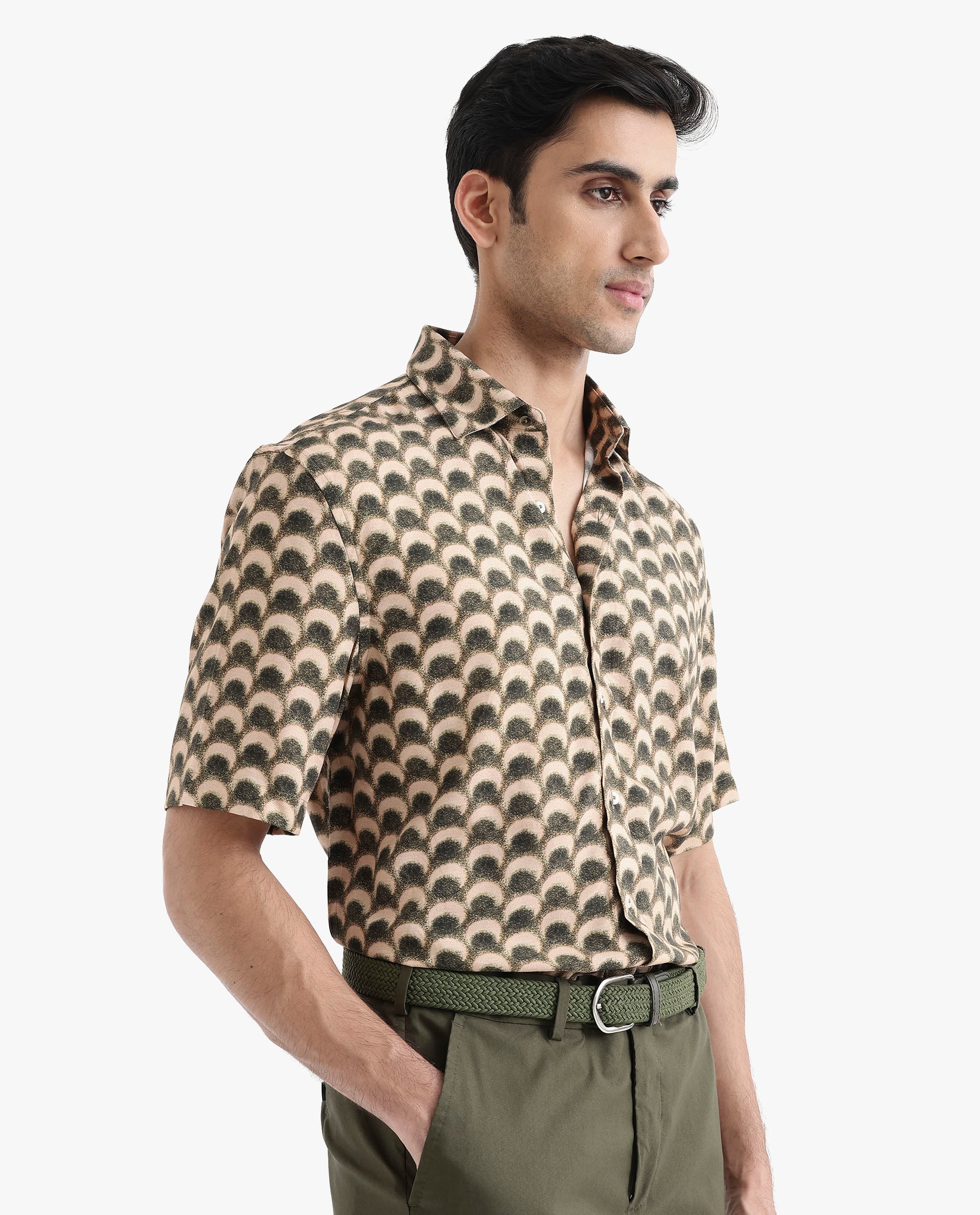 Rare Rabbit Men's Tokai Brown Viscose Fabric Short Sleeves Regular Fit Geometric Print Shirt