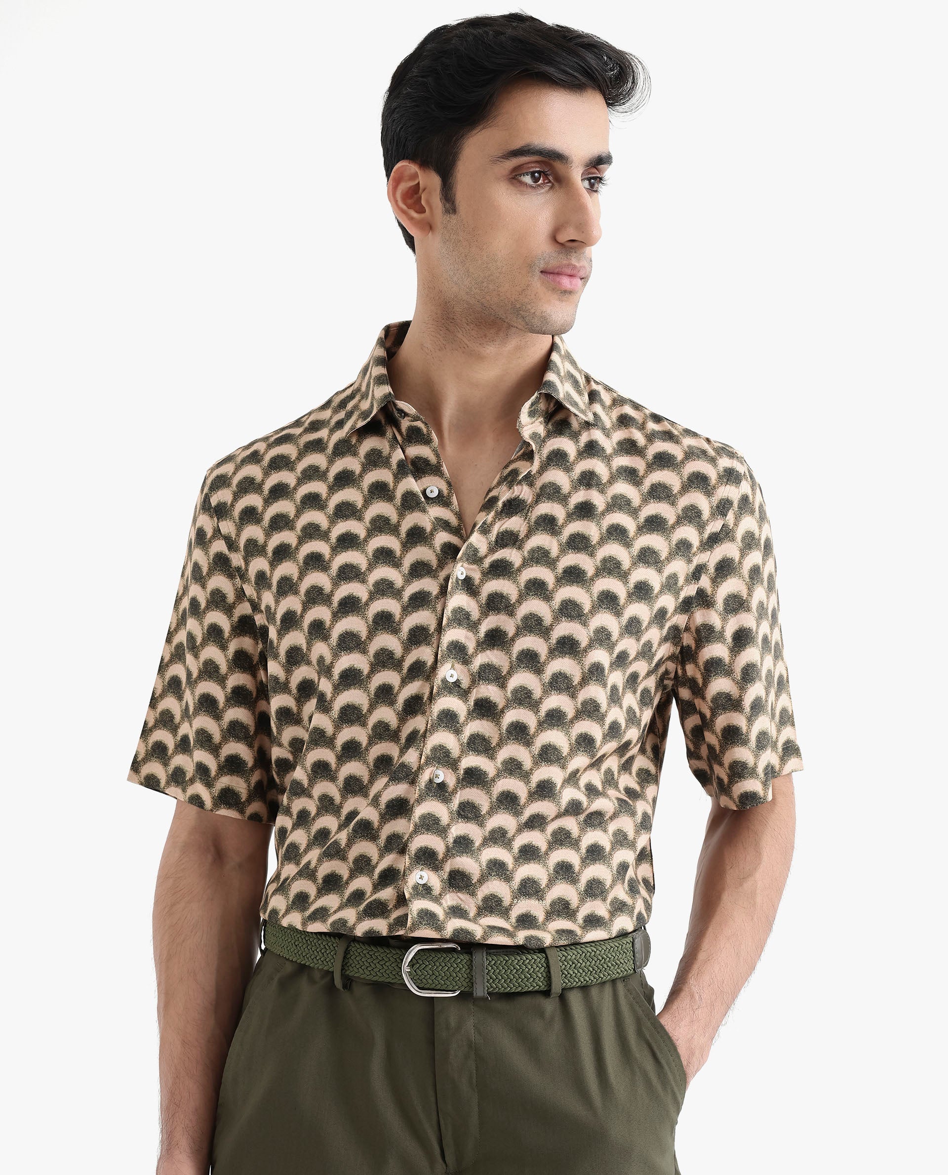 Rare Rabbit Men's Tokai Brown Viscose Fabric Short Sleeves Regular Fit Geometric Print Shirt