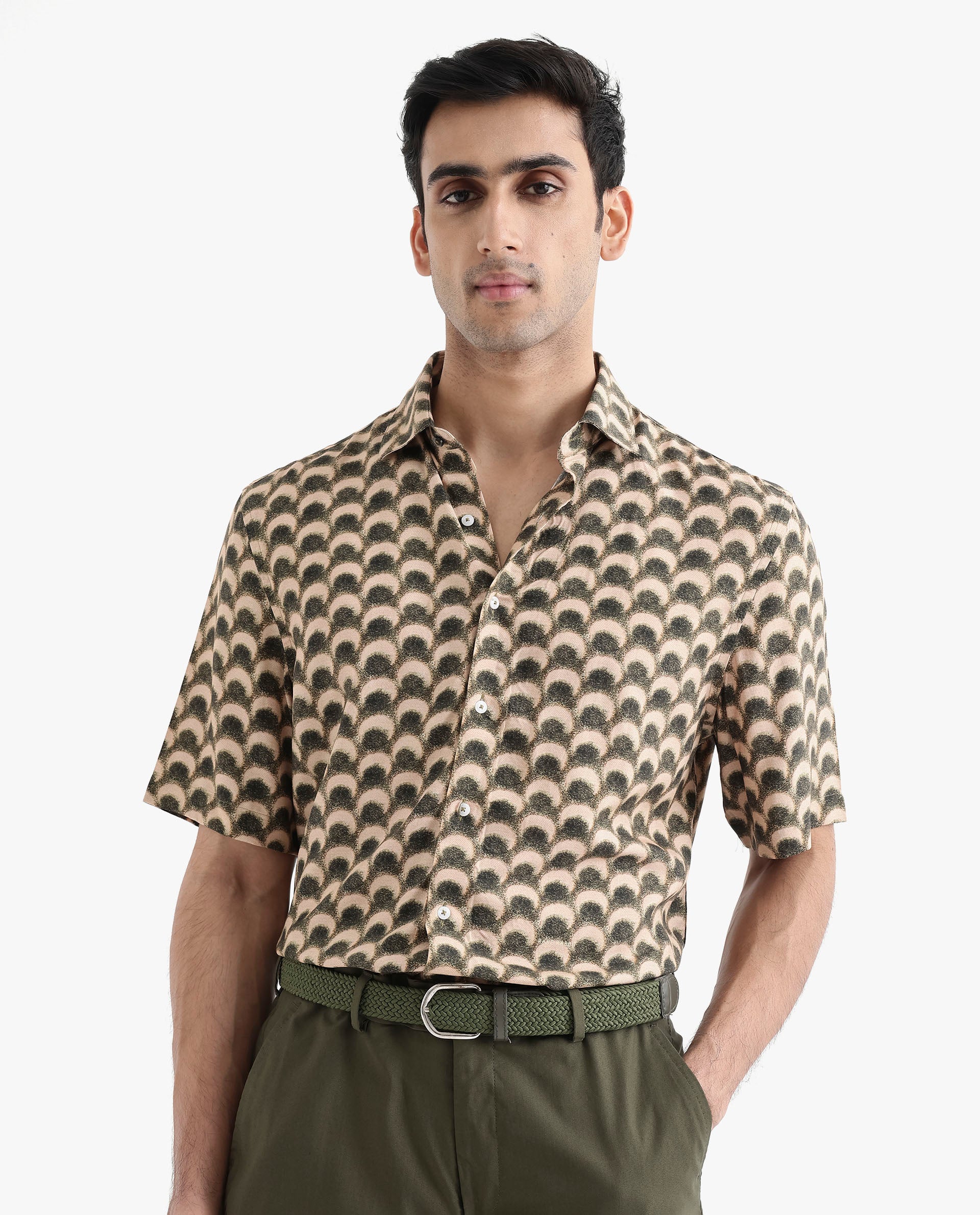 Rare Rabbit Men's Tokai Brown Viscose Fabric Short Sleeves Regular Fit Geometric Print Shirt