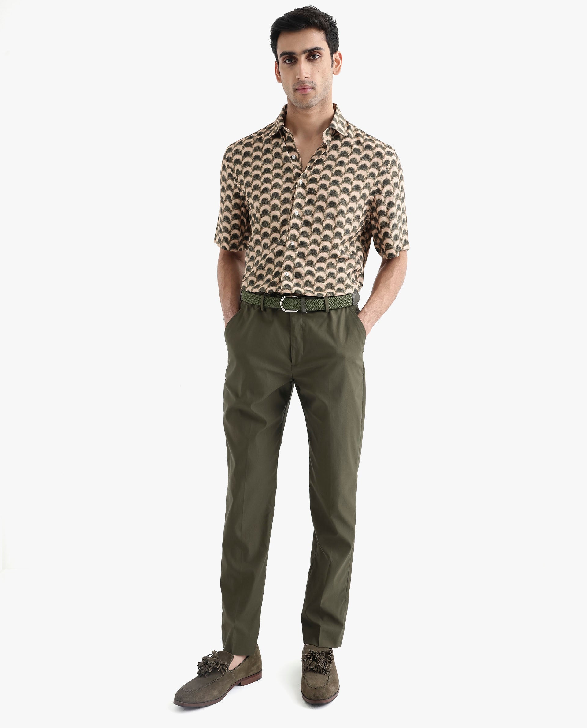 Rare Rabbit Men's Tokai Brown Viscose Fabric Short Sleeves Regular Fit Geometric Print Shirt