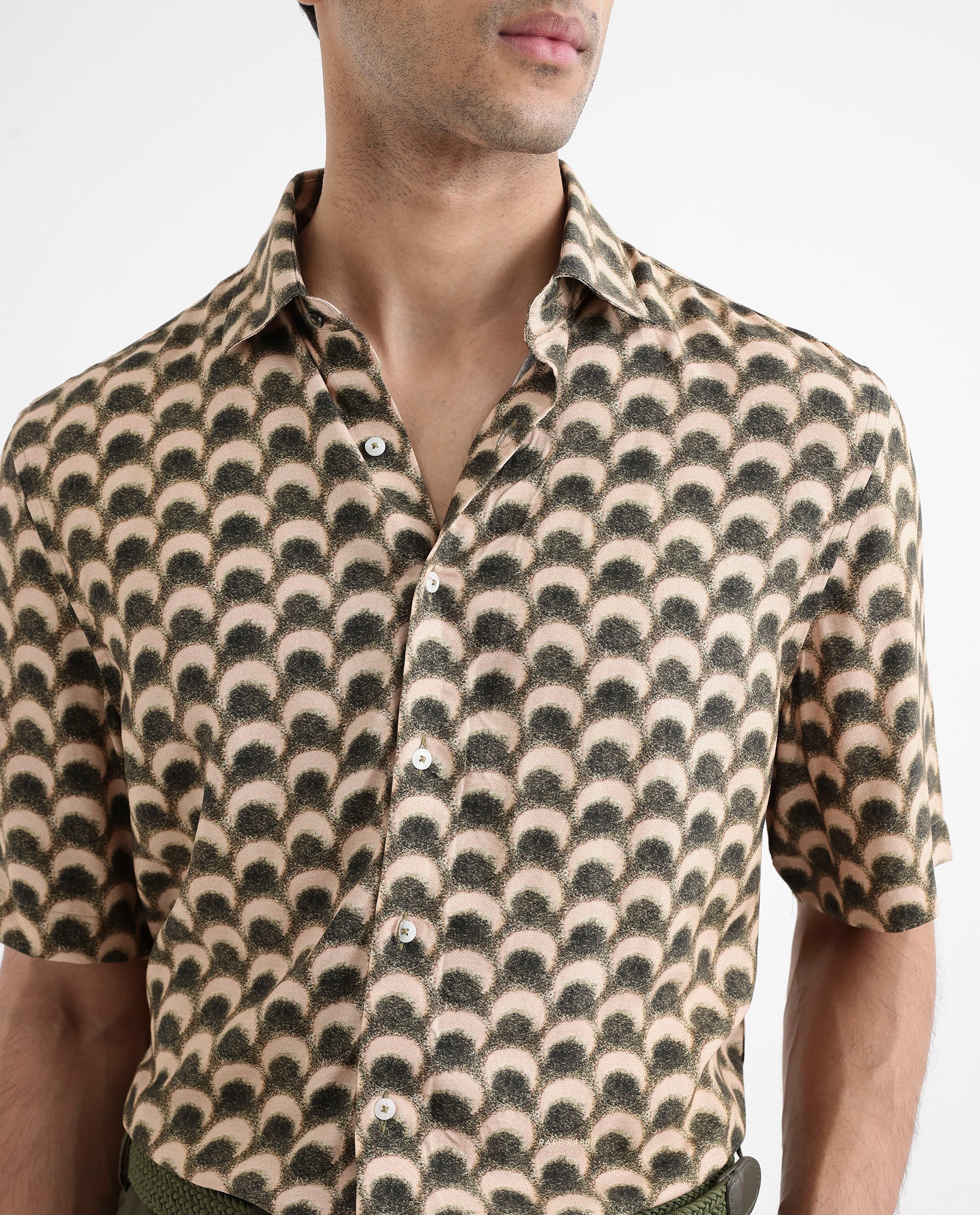 Rare Rabbit Men's Tokai Brown Viscose Fabric Short Sleeves Regular Fit Geometric Print Shirt