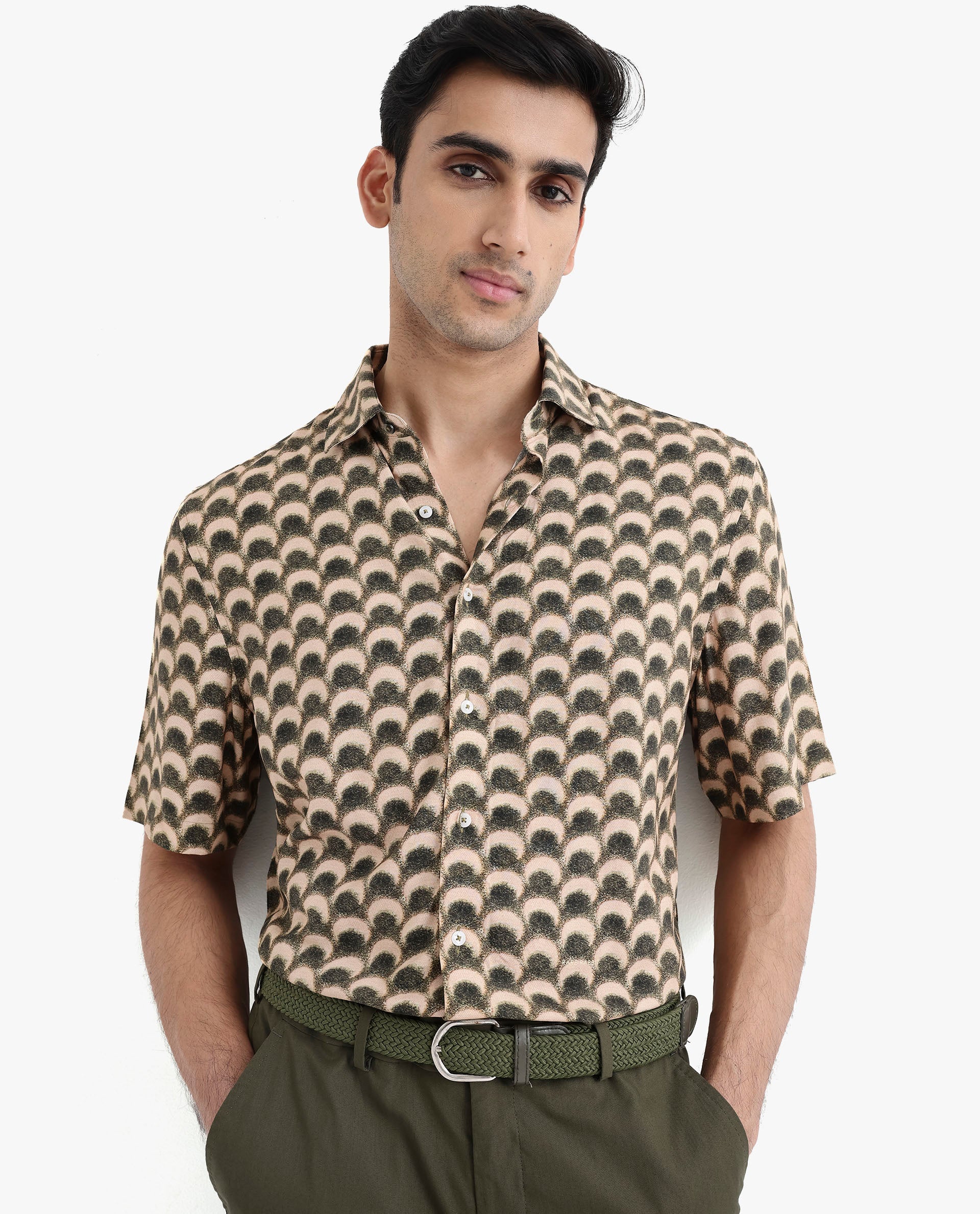 Rare Rabbit Men's Tokai Brown Viscose Fabric Short Sleeves Regular Fit Geometric Print Shirt