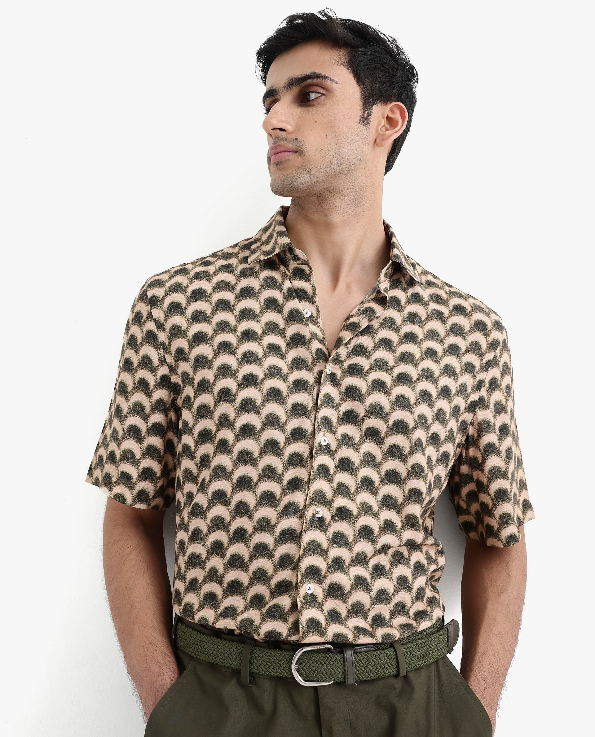 Rare Rabbit Men's Tokai Brown Viscose Fabric Short Sleeves Regular Fit Geometric Print Shirt