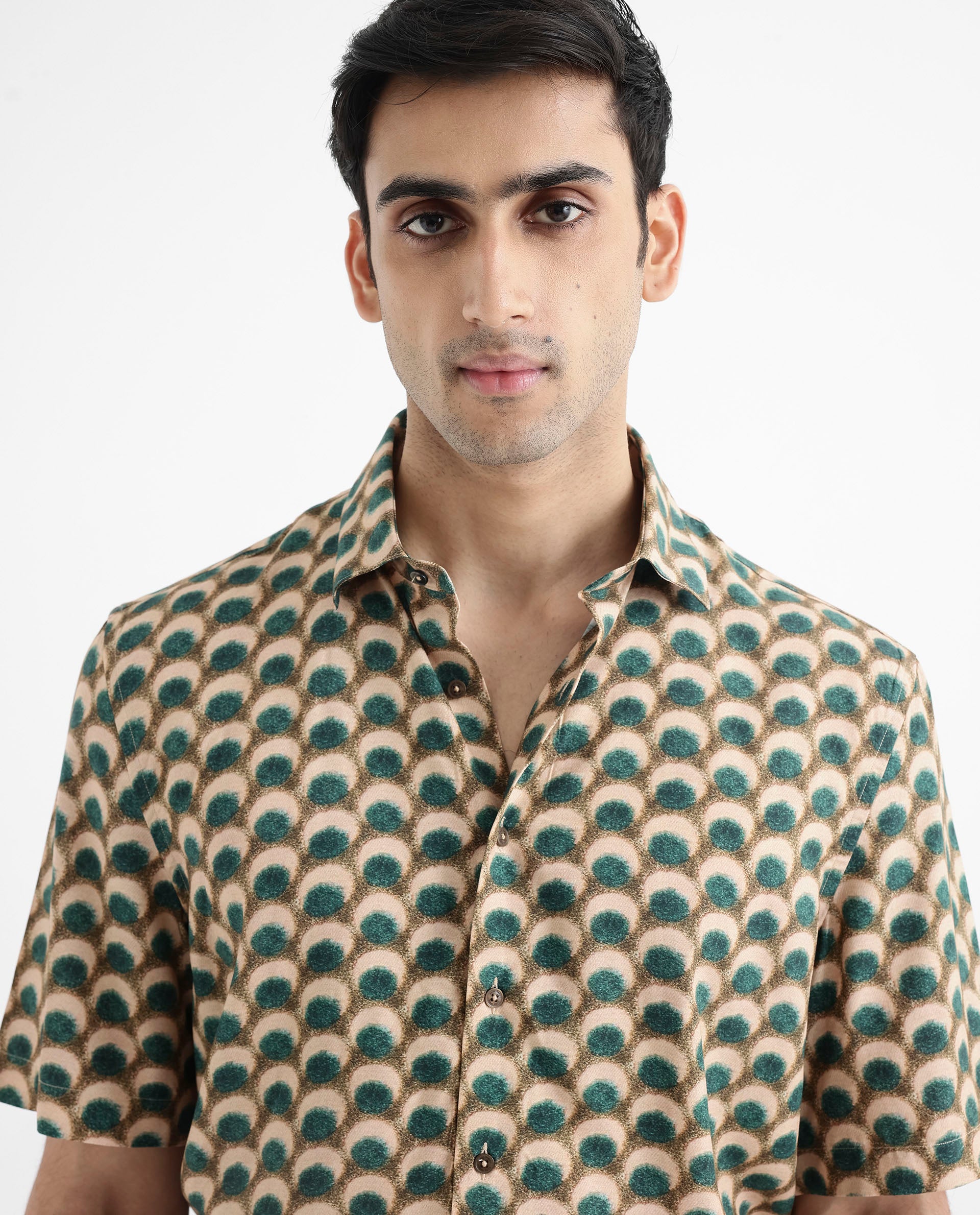 Rare Rabbit Men's Tokai Olive Viscose Fabric Short Sleeves Regular Fit Geometric Print Shirt
