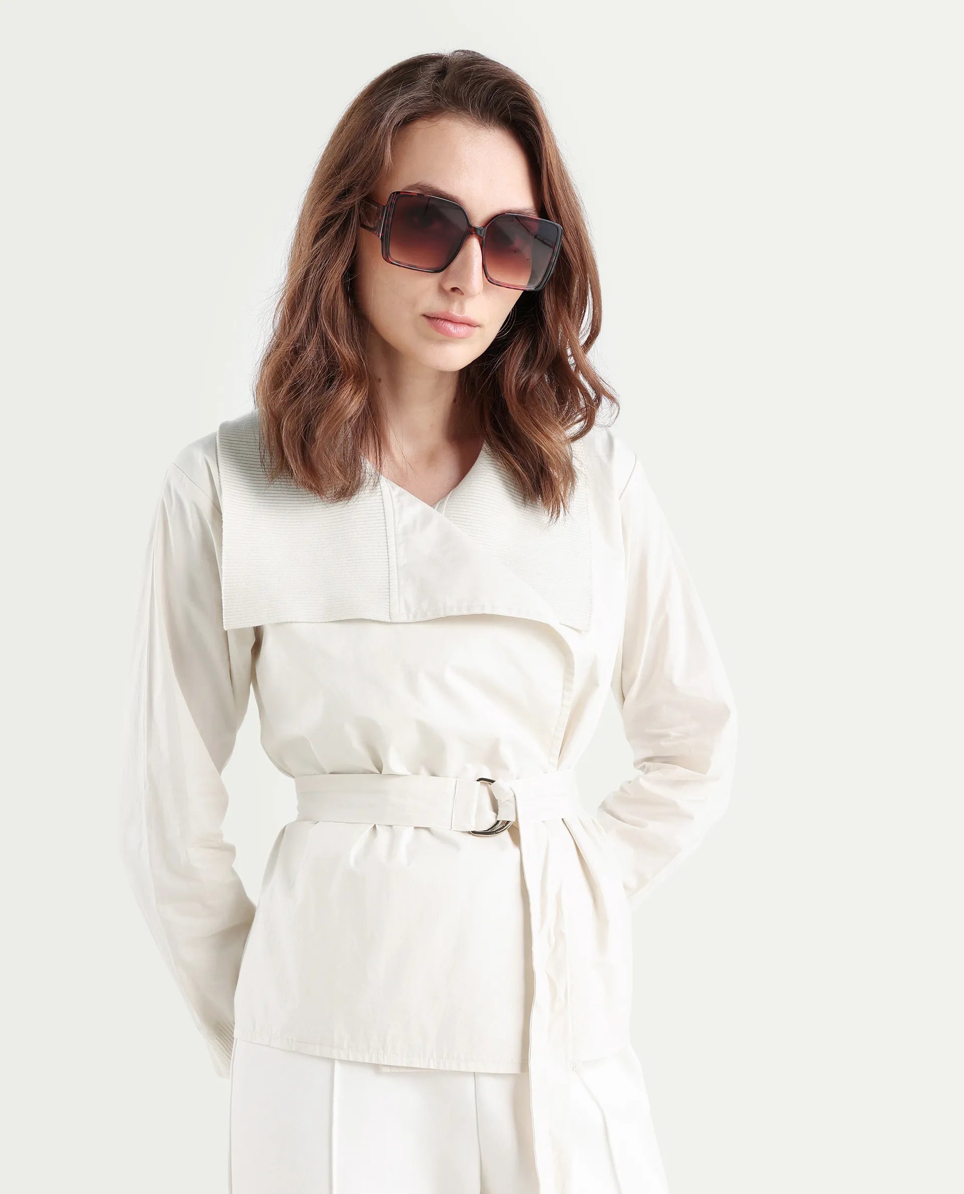 Rareism Women's Tokat Light Beige Cotton Ribbed Collar Plain Ribbed Sleeve Boxy Fit Jacket