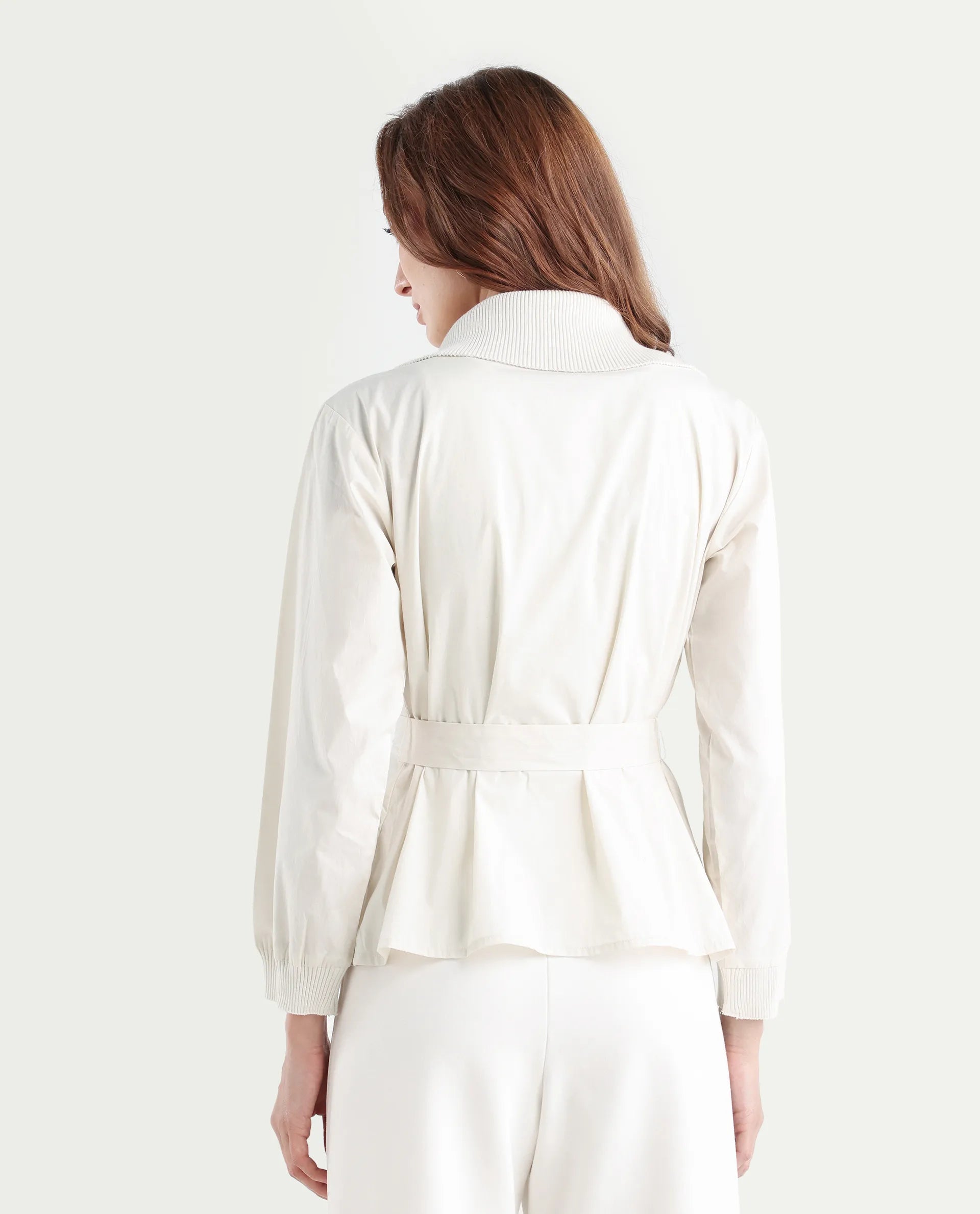 Rareism Women's Tokat Light Beige Cotton Ribbed Collar Plain Ribbed Sleeve Boxy Fit Jacket