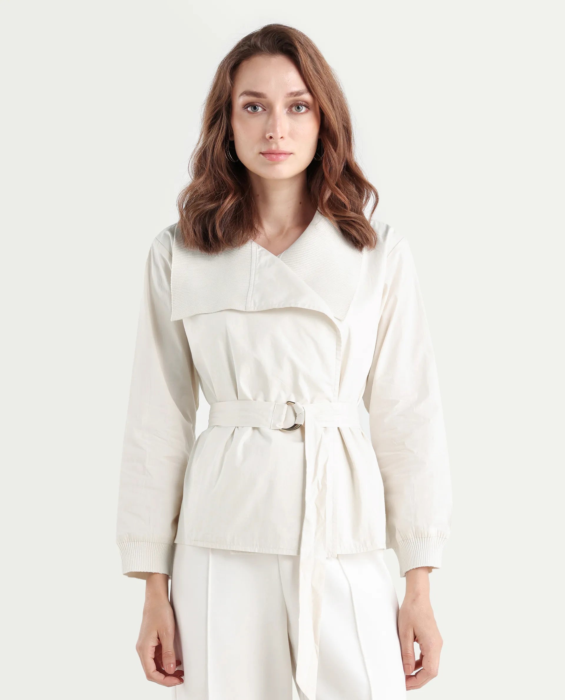 Rareism Women's Tokat Light Beige Cotton Ribbed Collar Plain Ribbed Sleeve Boxy Fit Jacket