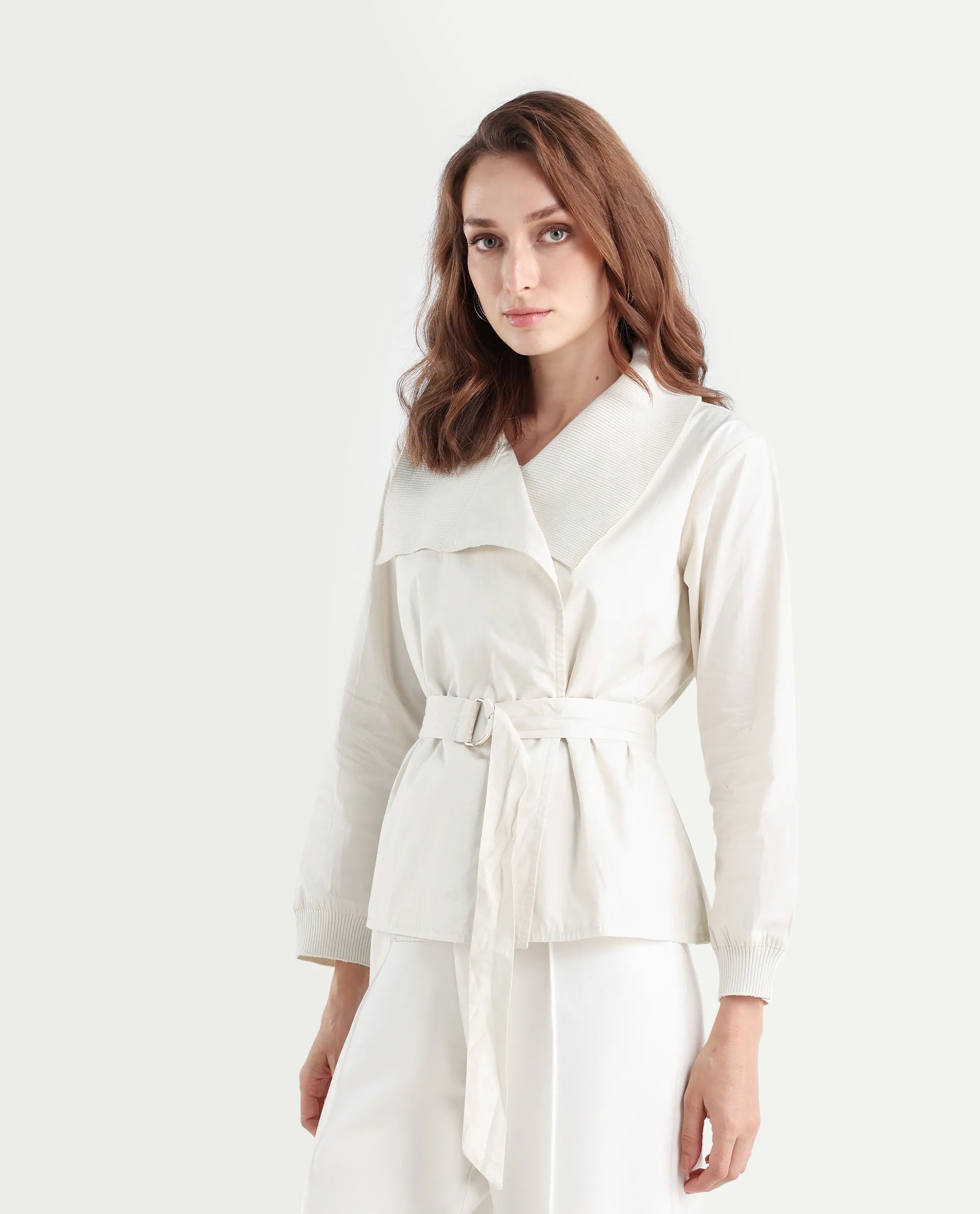 Rareism Women's Tokat Light Beige Cotton Ribbed Collar Plain Ribbed Sleeve Boxy Fit Jacket