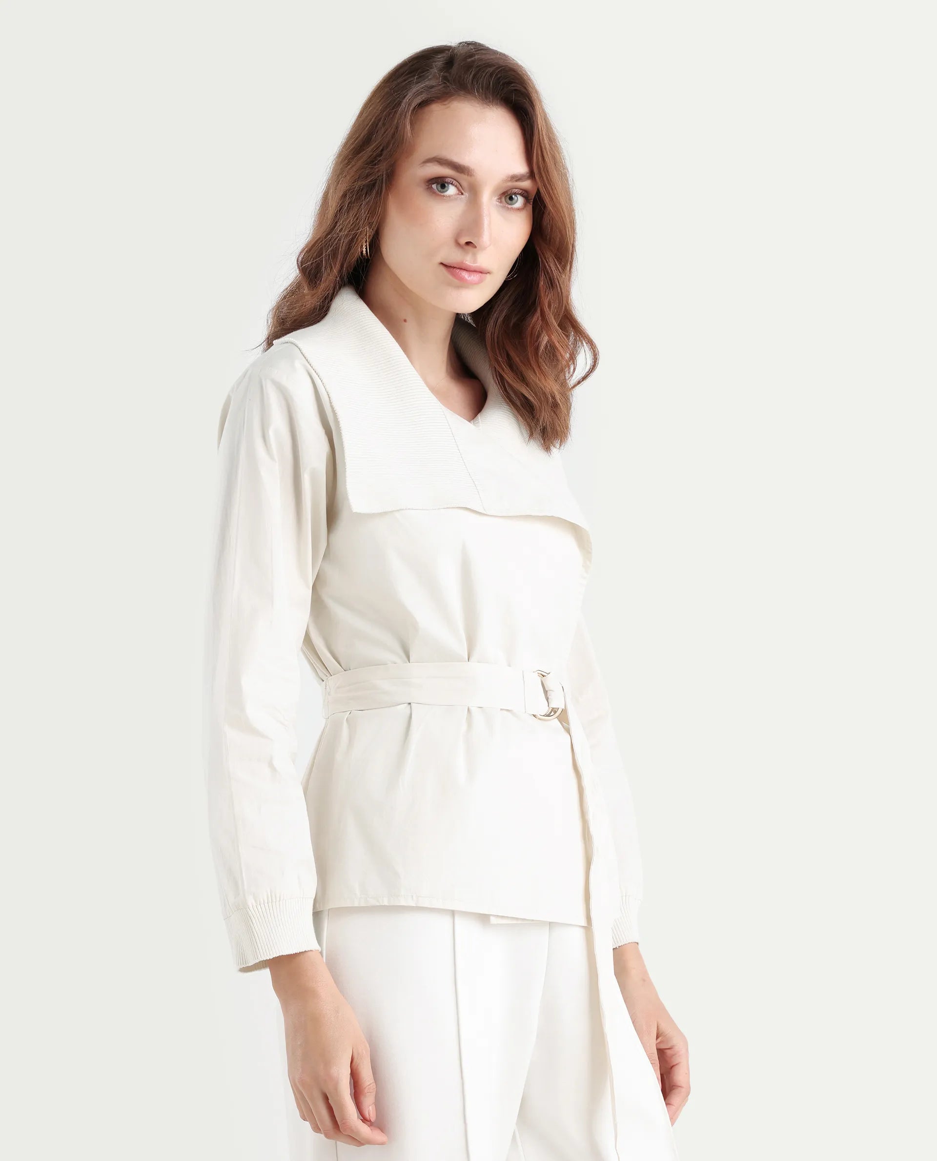 Rareism Women's Tokat Light Beige Cotton Ribbed Collar Plain Ribbed Sleeve Boxy Fit Jacket