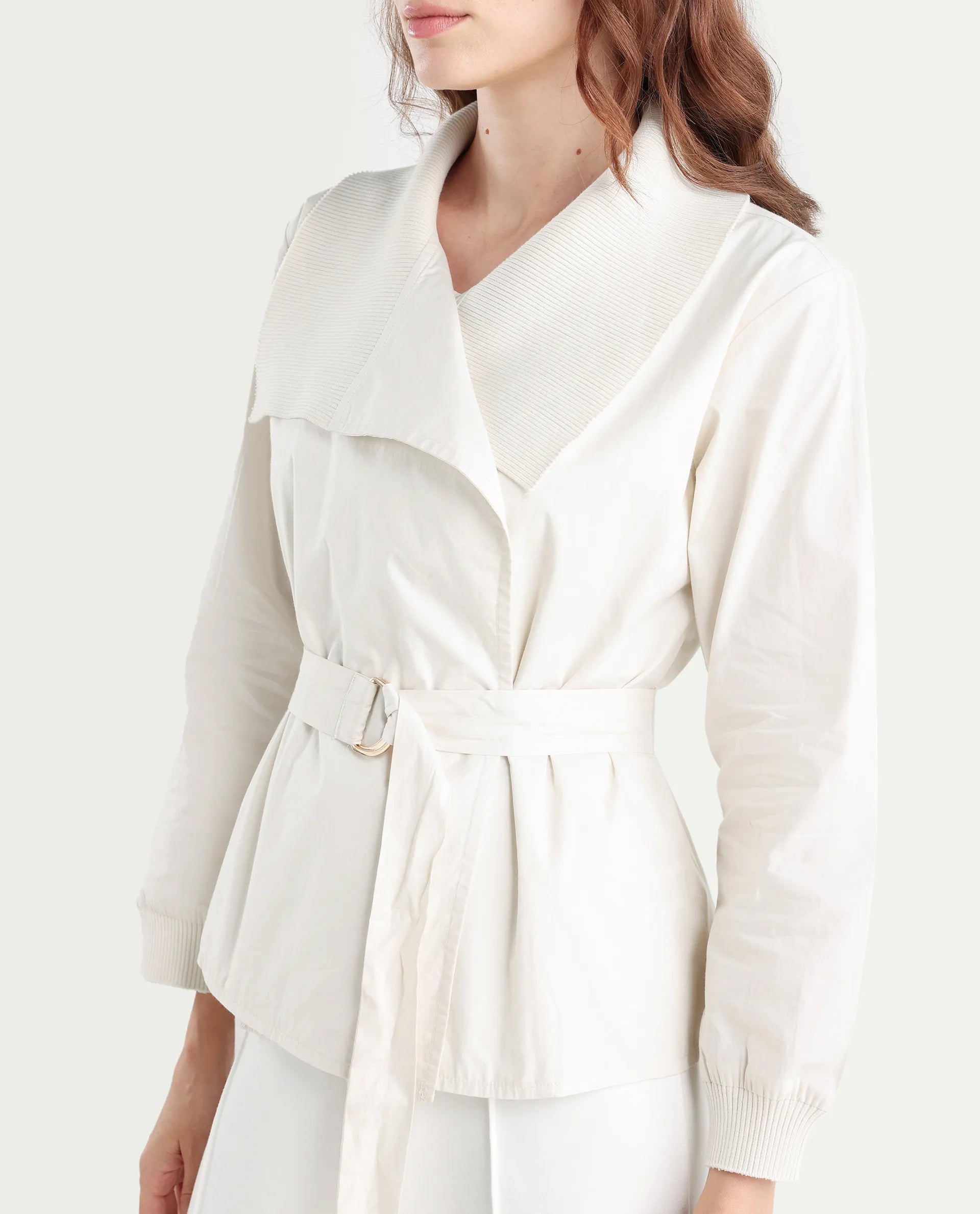 Rareism Women's Tokat Light Beige Cotton Ribbed Collar Plain Ribbed Sleeve Boxy Fit Jacket