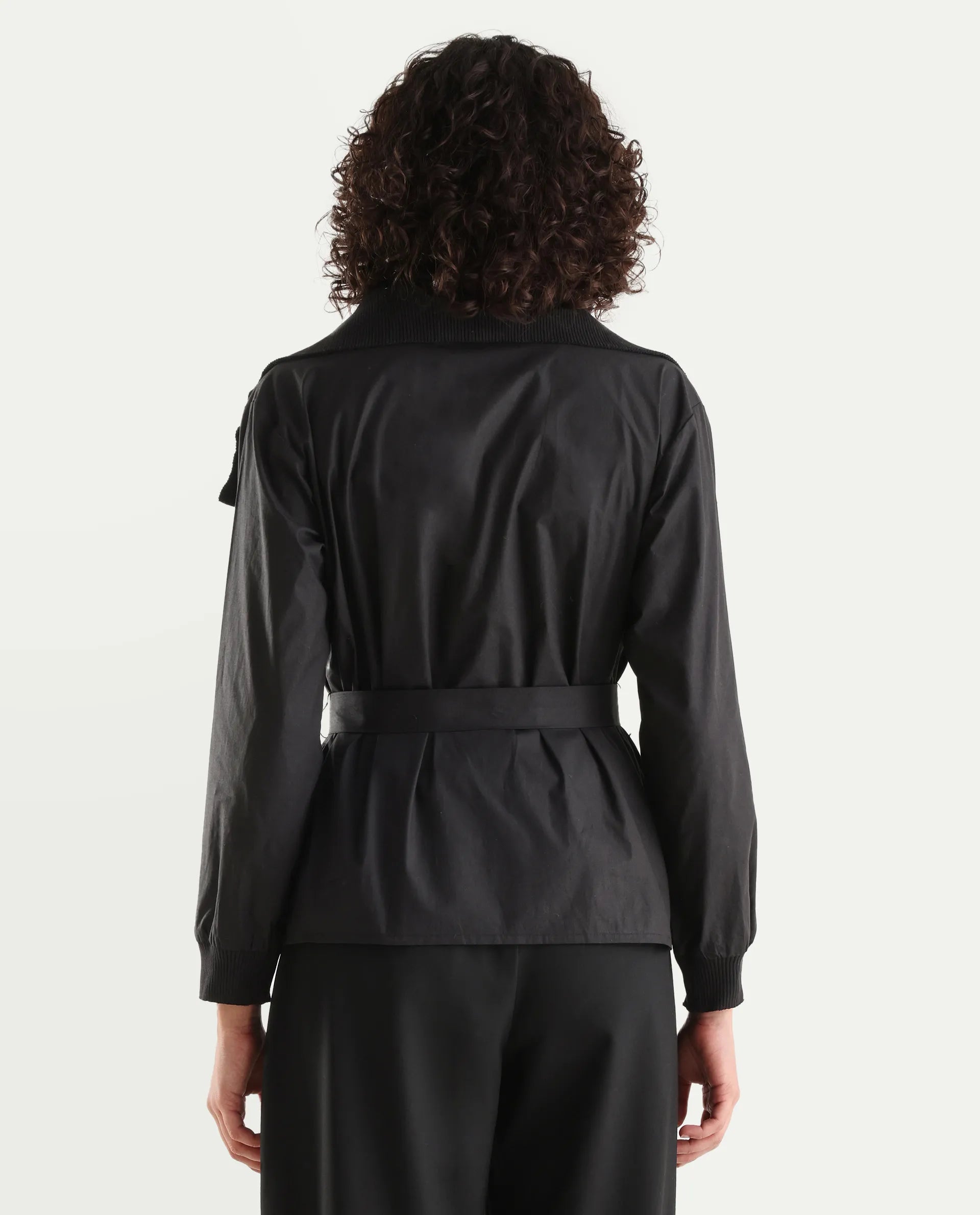 Rareism Women's Tokat Black Cotton Ribbed Collar Plain Ribbed Sleeve Boxy Fit Jacket