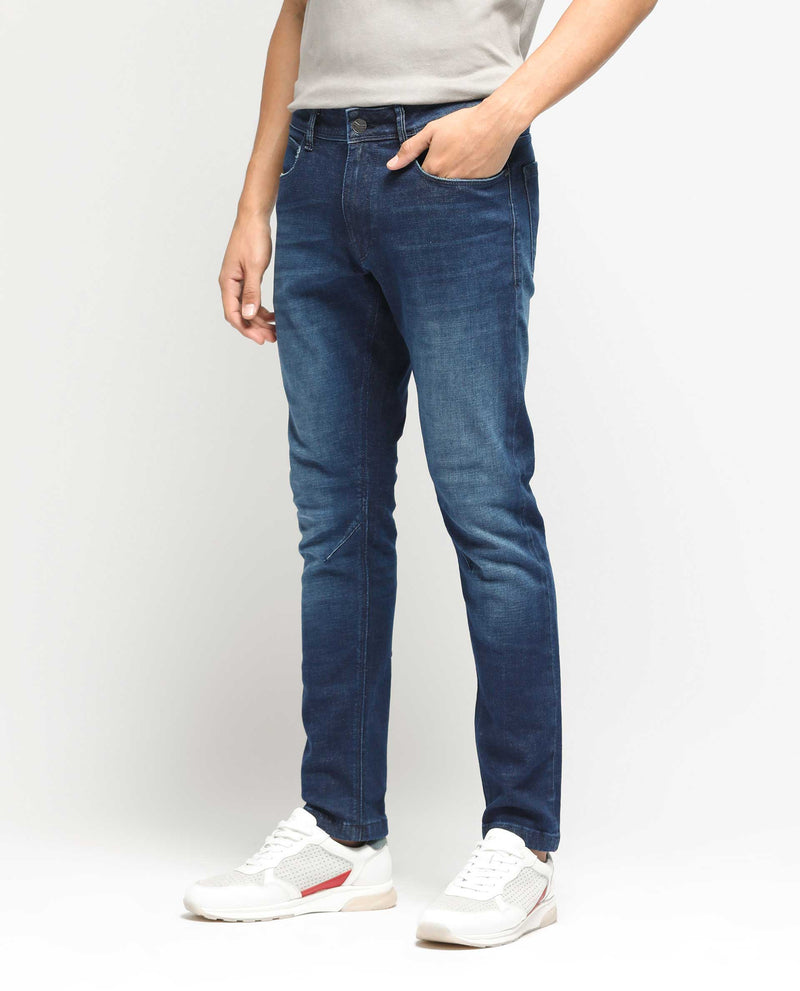 Rare Rabbit Men's Toke Dark Blue Mid Wash Mid-Rise Slim Fit Jeans
