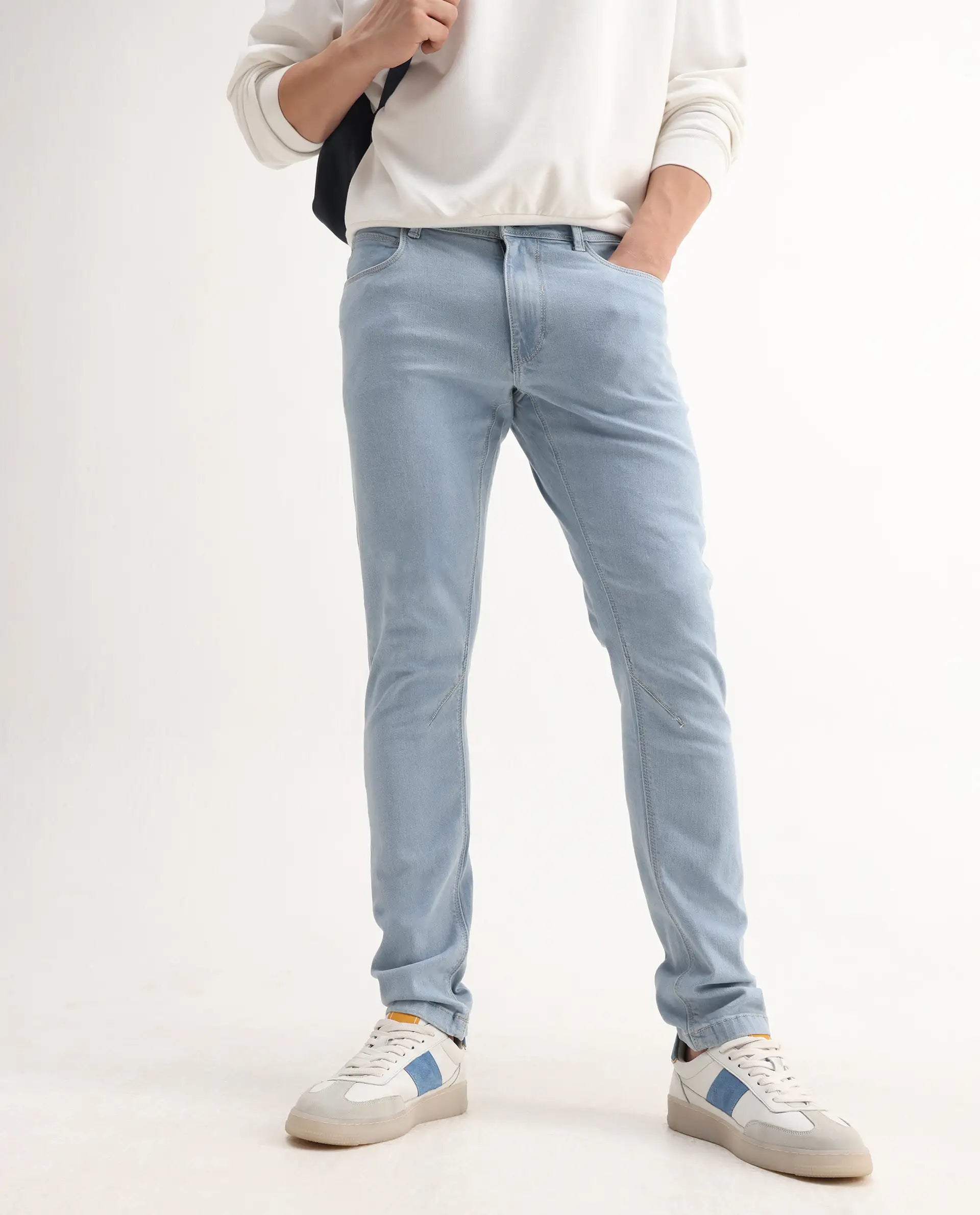 Rare Rabbit Men's Toke Light Blue Cotton Plain Hawk Slim Fit Jeans