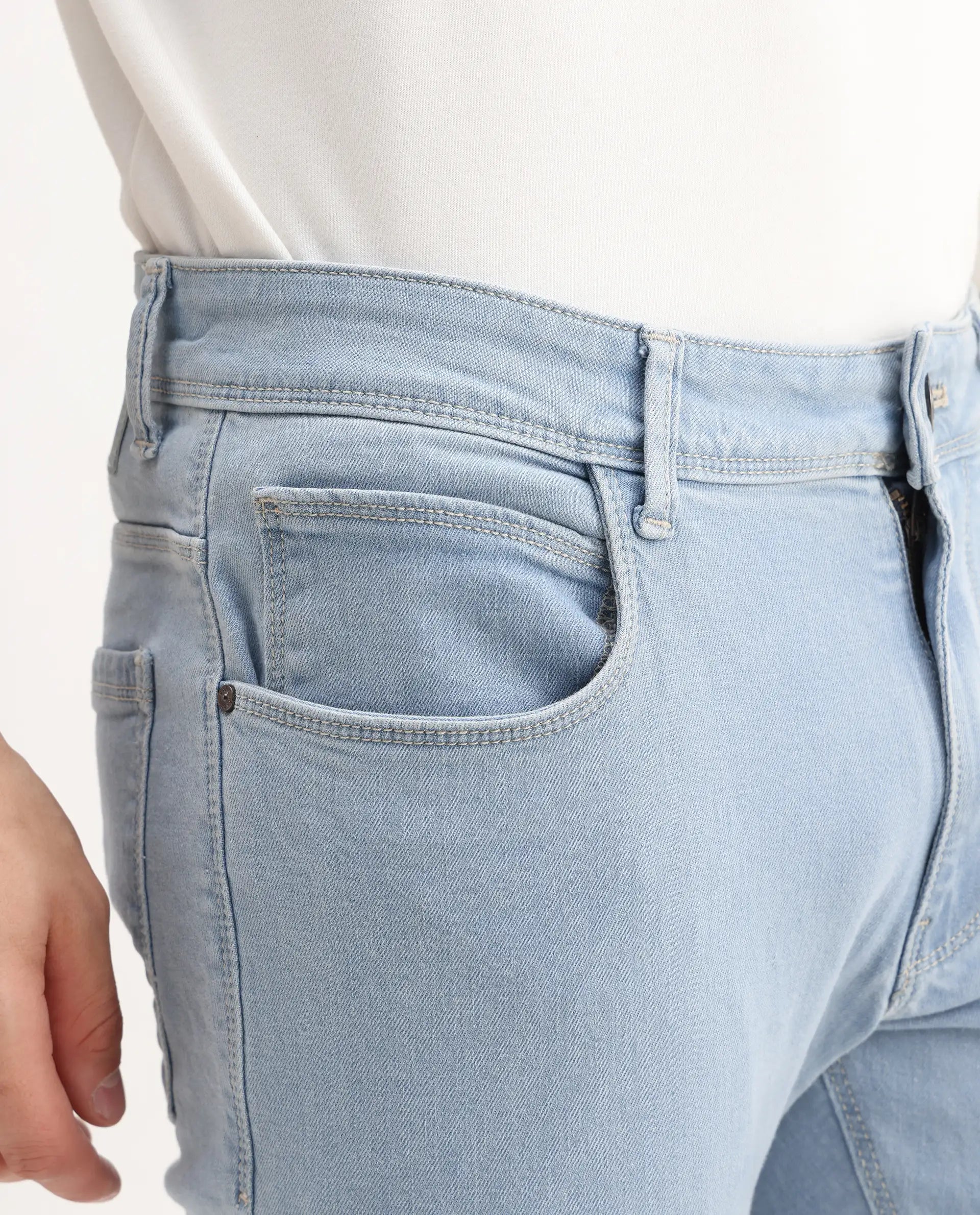 Rare Rabbit Men's Toke Light Blue Cotton Plain Hawk Slim Fit Jeans