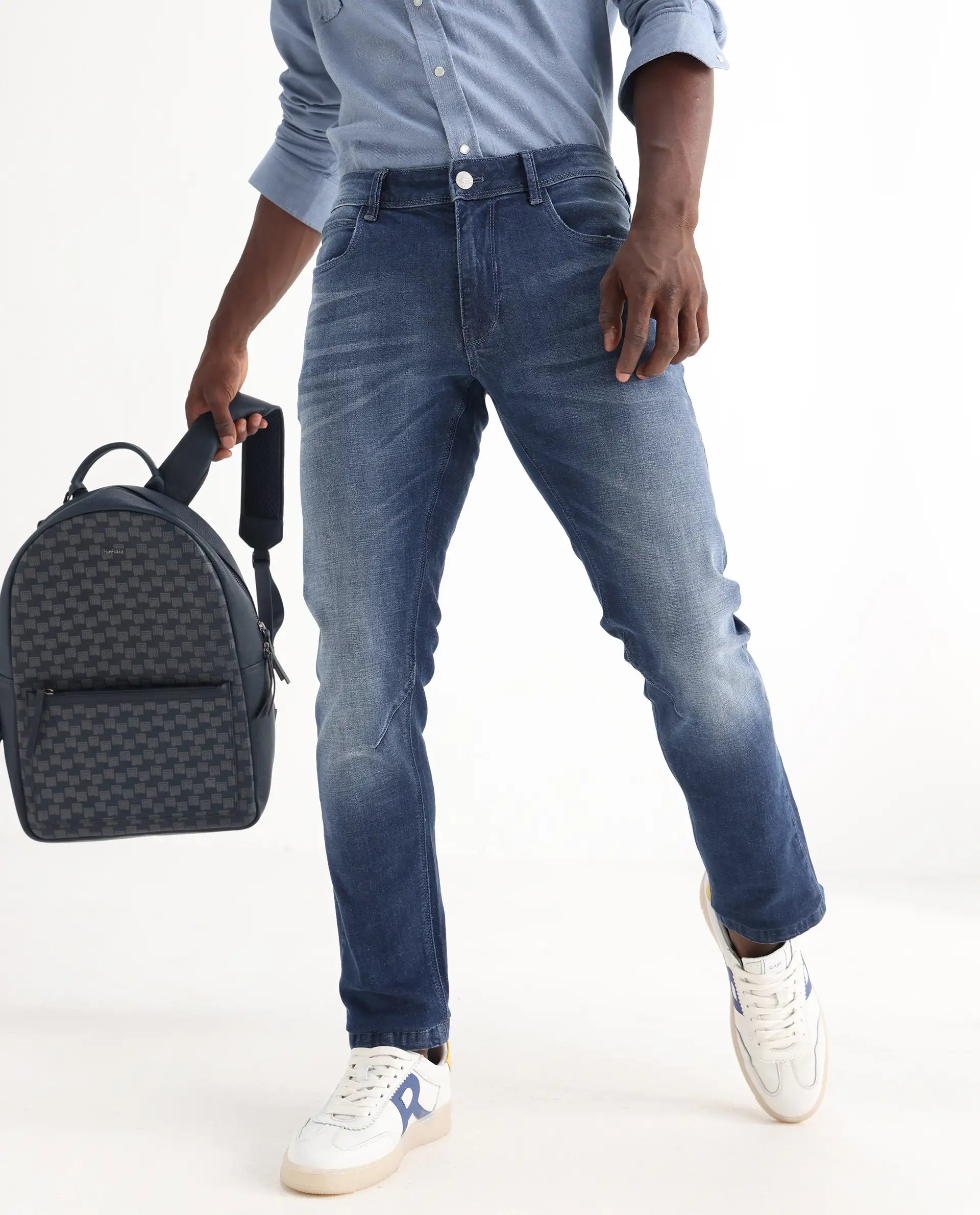 Rare Rabbit Men's Toke Blue Cotton Plain Hawk Slim Fit Jeans