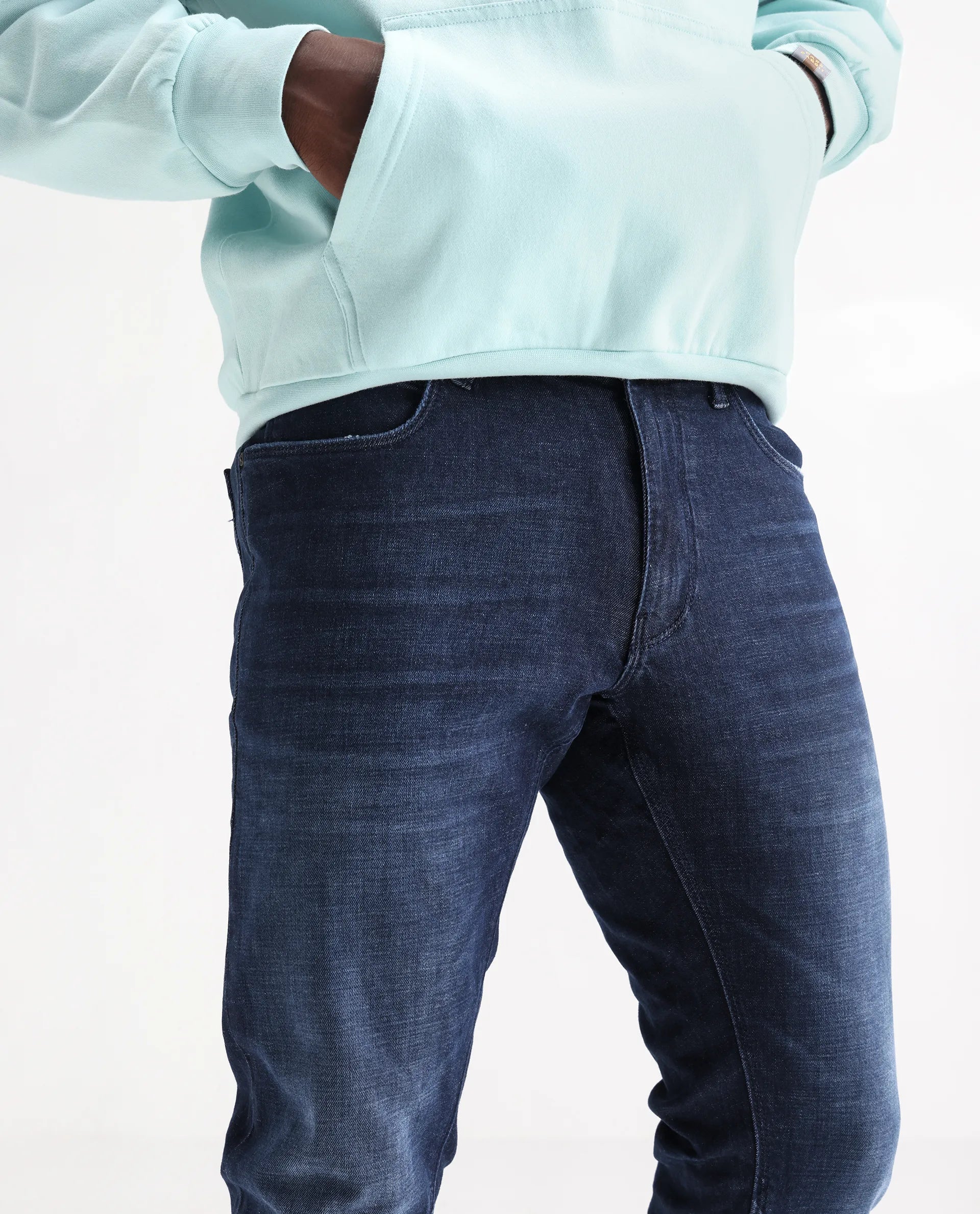 Rare Rabbit Men's Toke Dark Blue Cotton Plain Hawk Slim Fit Jeans