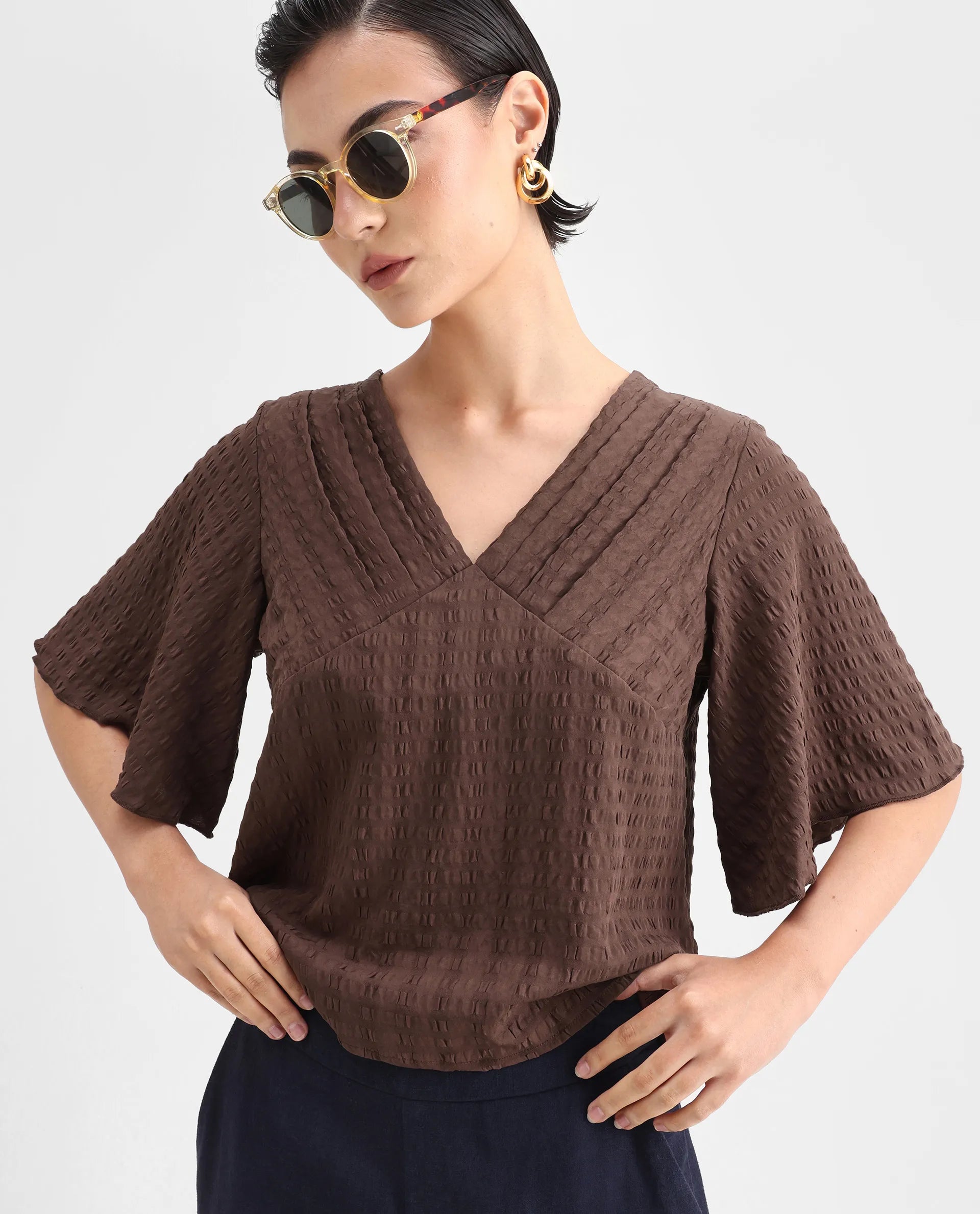 Rareism Women's Tolah Brown Polyester Blend V-Neck Plain Bell Sleeve Regular Fit Top