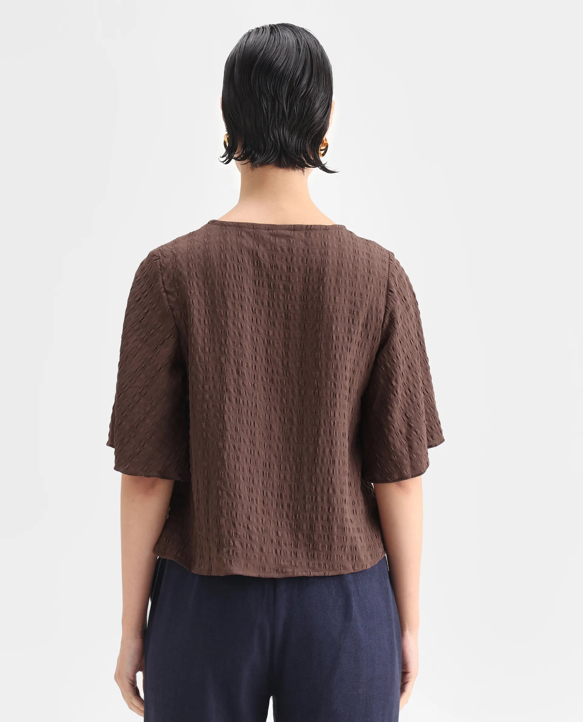 Rareism Women's Tolah Brown Polyester Blend V-Neck Plain Bell Sleeve Regular Fit Top