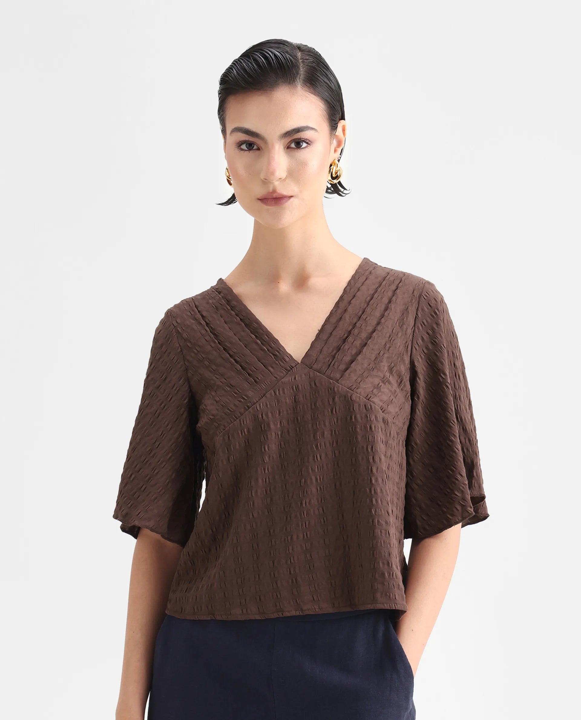 Rareism Women's Tolah Brown Polyester Blend V-Neck Plain Bell Sleeve Regular Fit Top