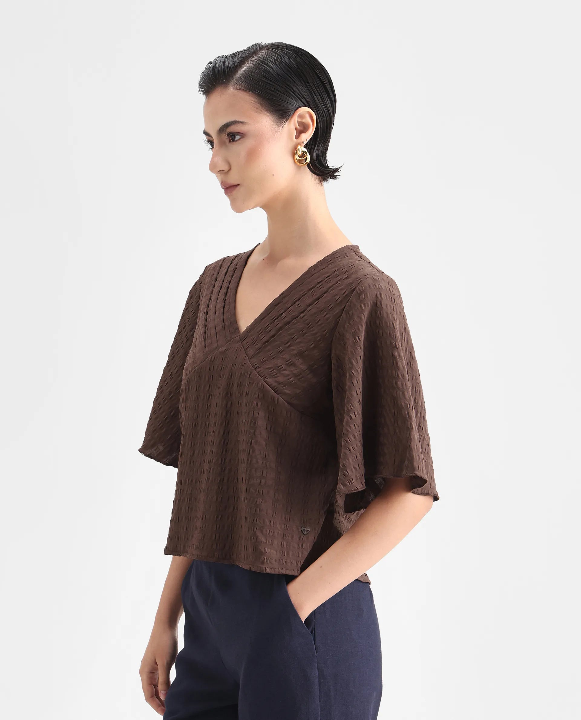 Rareism Women's Tolah Brown Polyester Blend V-Neck Plain Bell Sleeve Regular Fit Top