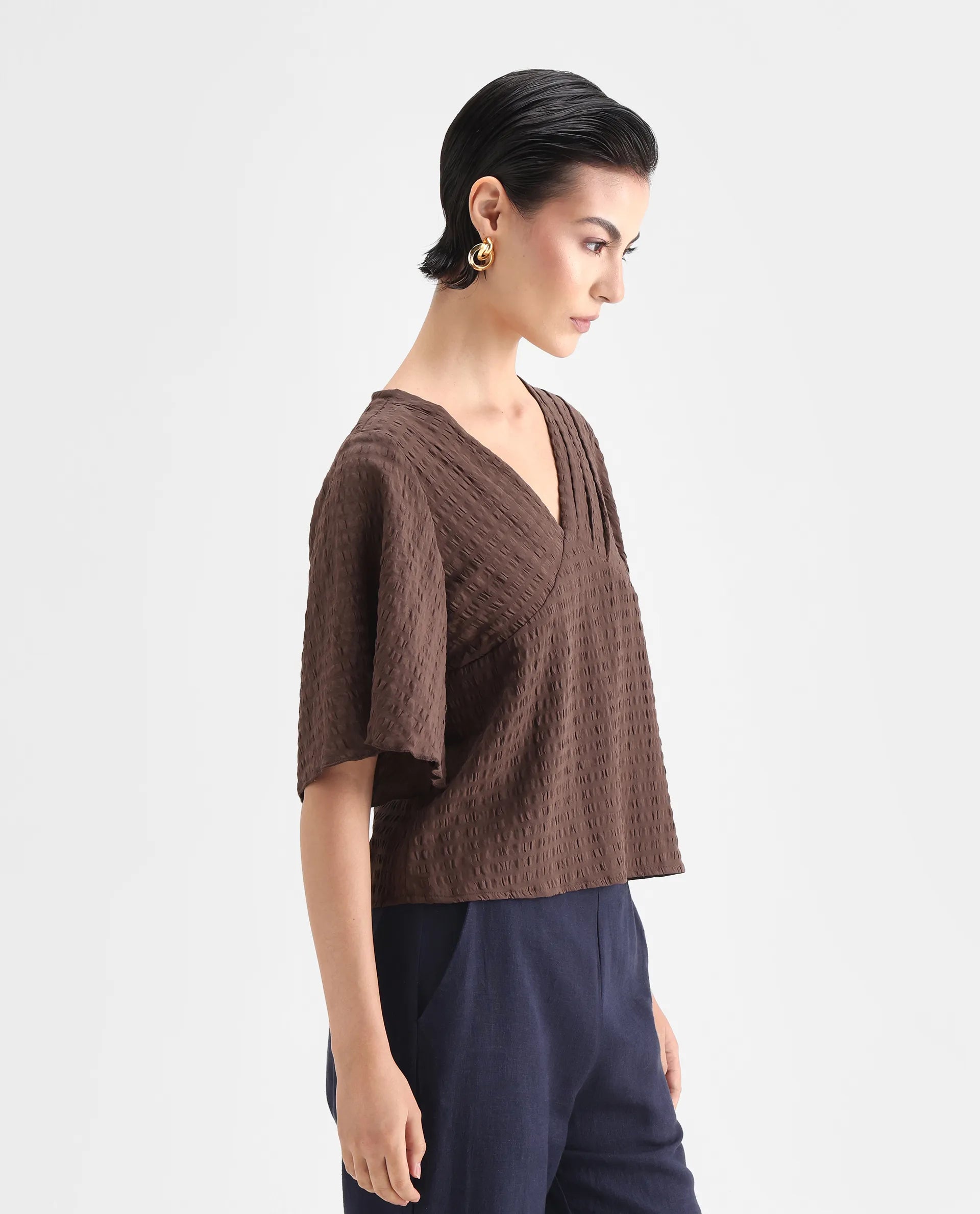 Rareism Women's Tolah Brown Polyester Blend V-Neck Plain Bell Sleeve Regular Fit Top