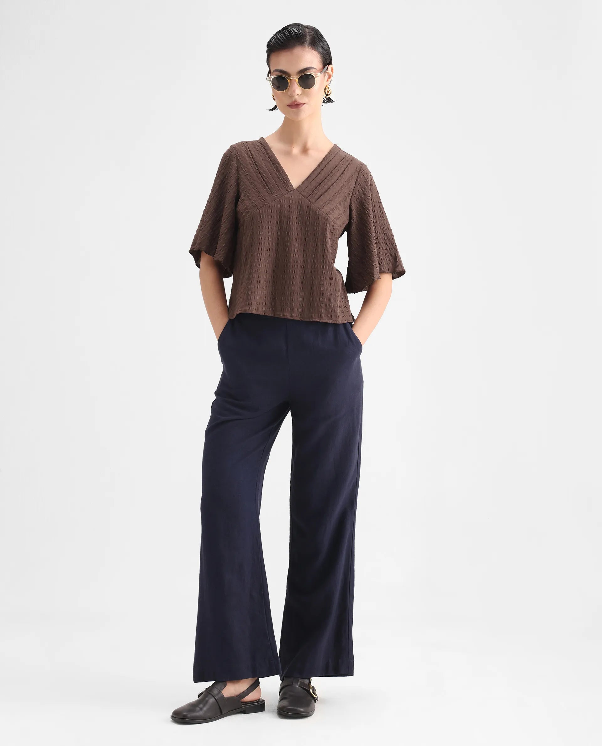 Rareism Women's Tolah Brown Polyester Blend V-Neck Plain Bell Sleeve Regular Fit Top