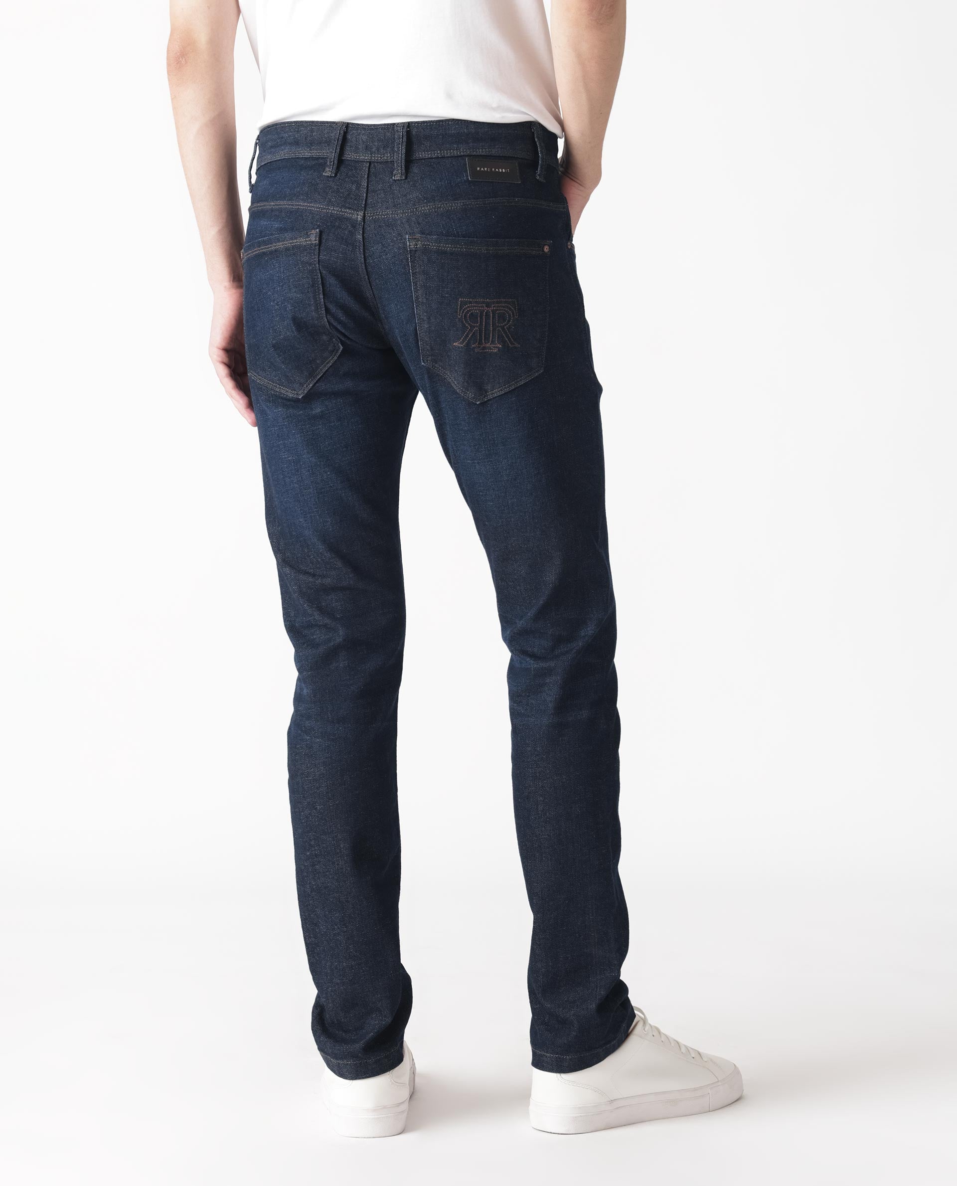 Rare Rabbit Mens Toledo Navy Mid Rise Rinse Wash Slim Fit Raw Denim Jeans