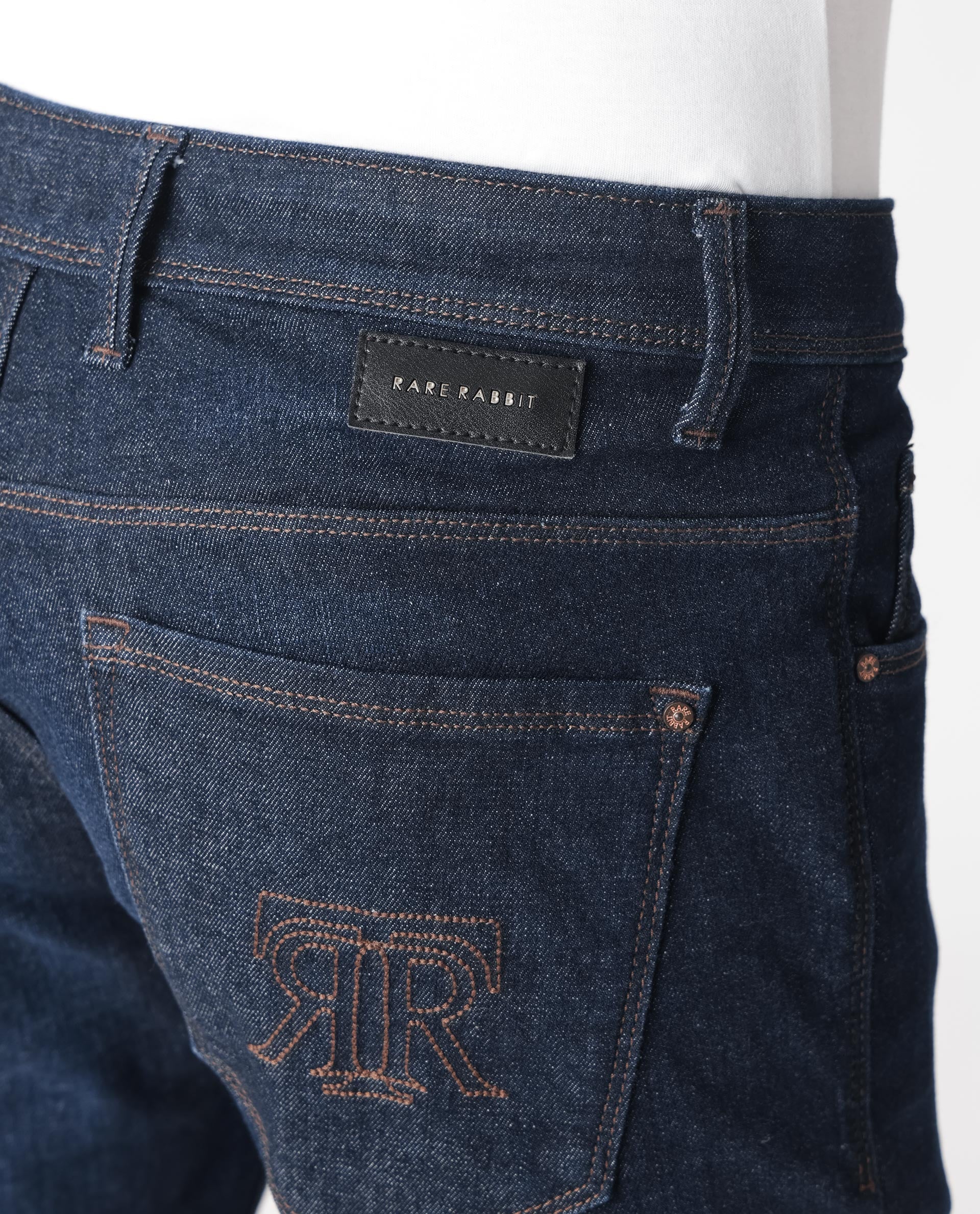 Rare Rabbit Mens Toledo Navy Mid Rise Rinse Wash Slim Fit Raw Denim Jeans