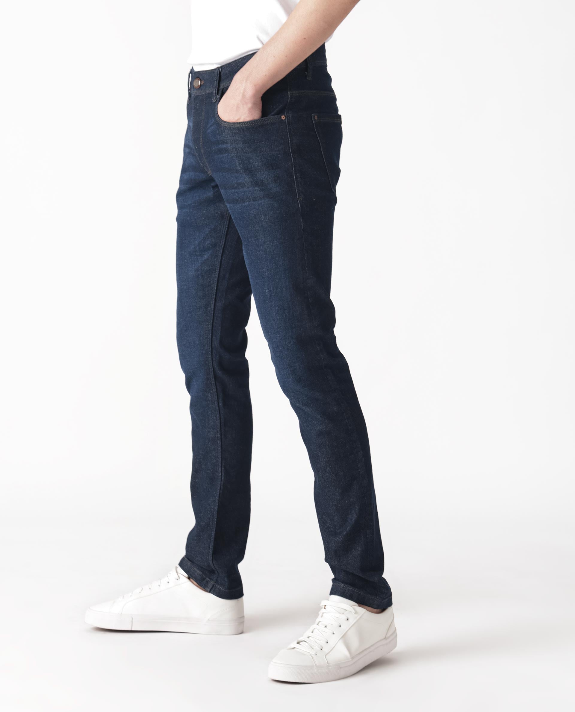 Rare Rabbit Mens Toledo Navy Mid Rise Rinse Wash Slim Fit Raw Denim Jeans